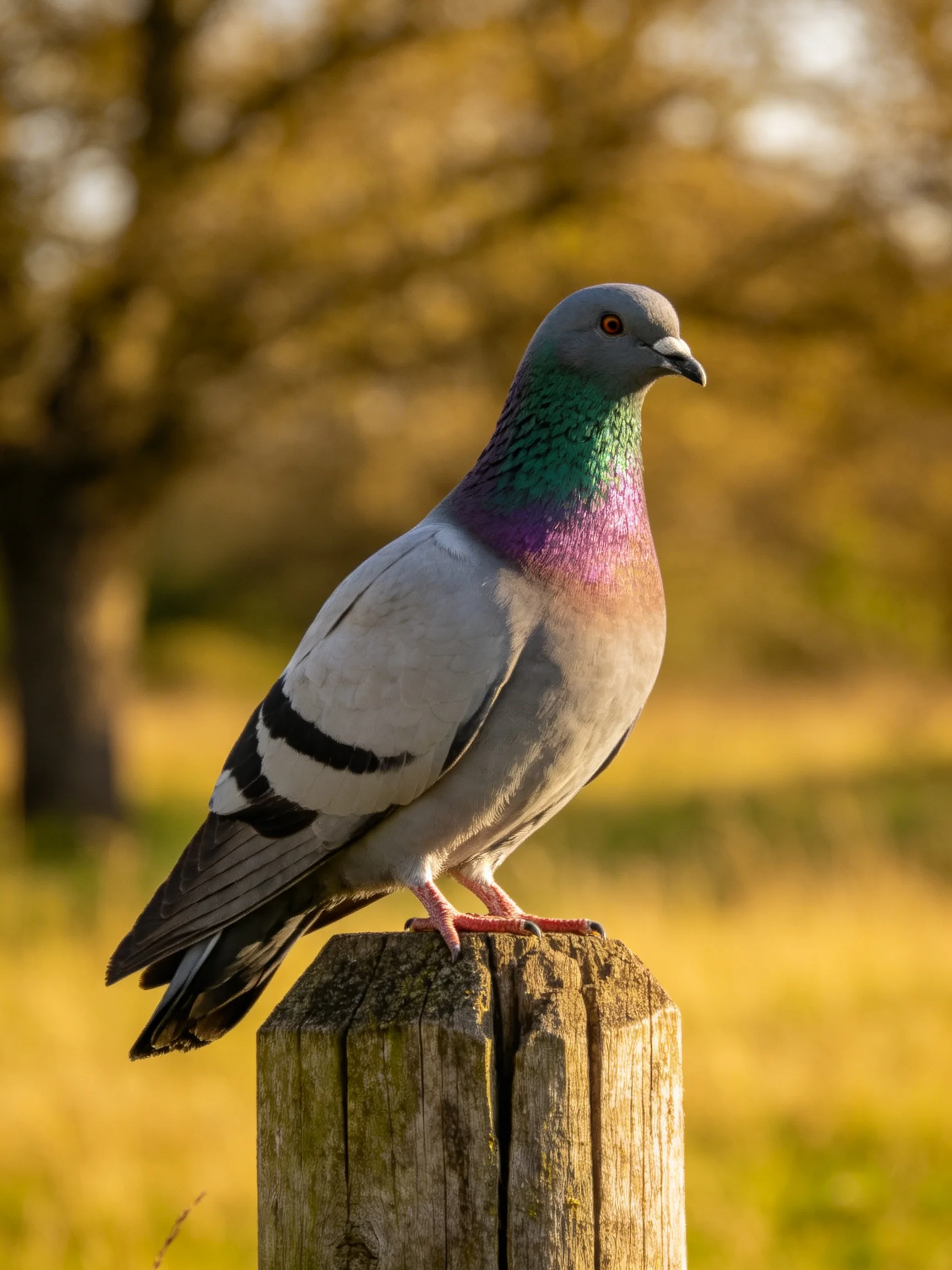 A colorful pigeon perches on a weathered wooden post amid a golden field