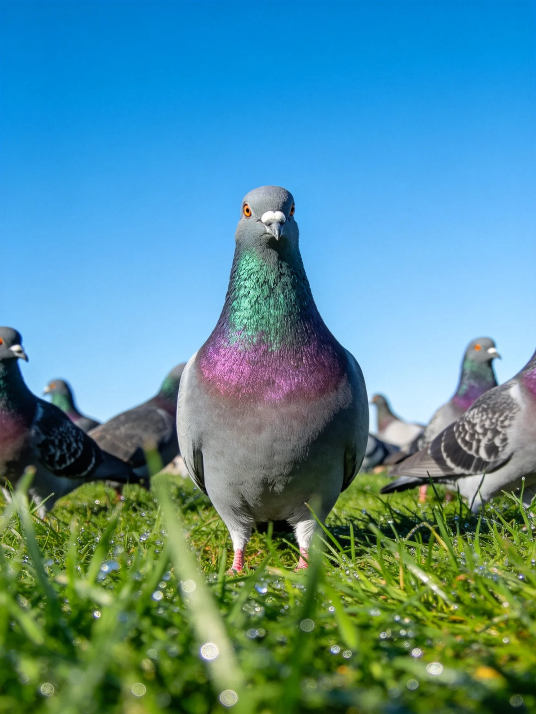 A colorful pigeon stands among a flock on dewy green grass under a bright blue sky