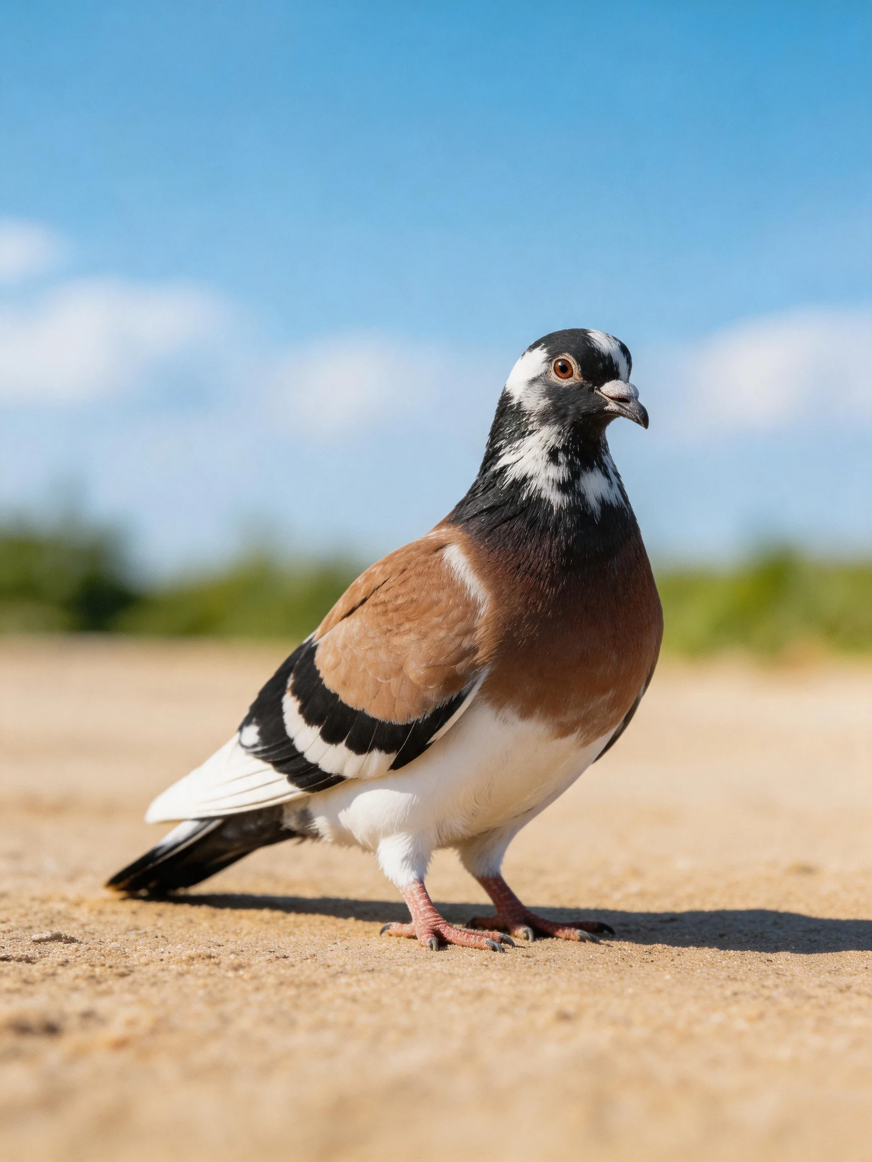 A colorful pigeon with black, white, and brown plumage on sandy terrain