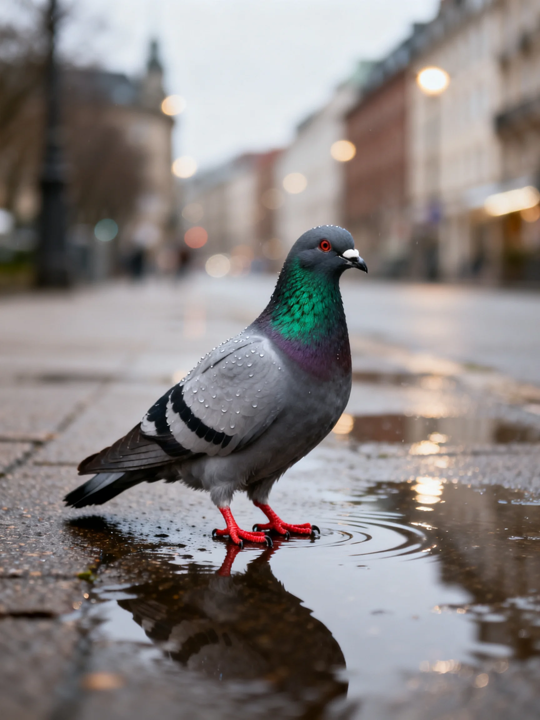 A colorful pigeon with green neck on wet urban pavement near buildings