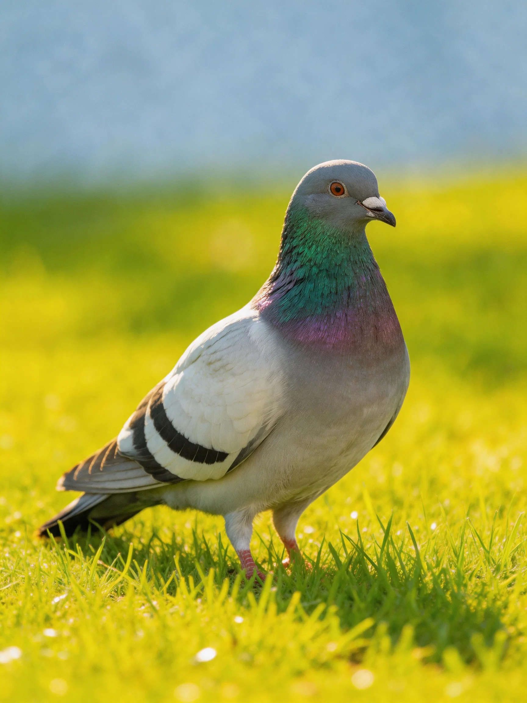 A colorful pigeon with iridescent neck stands on bright green grass