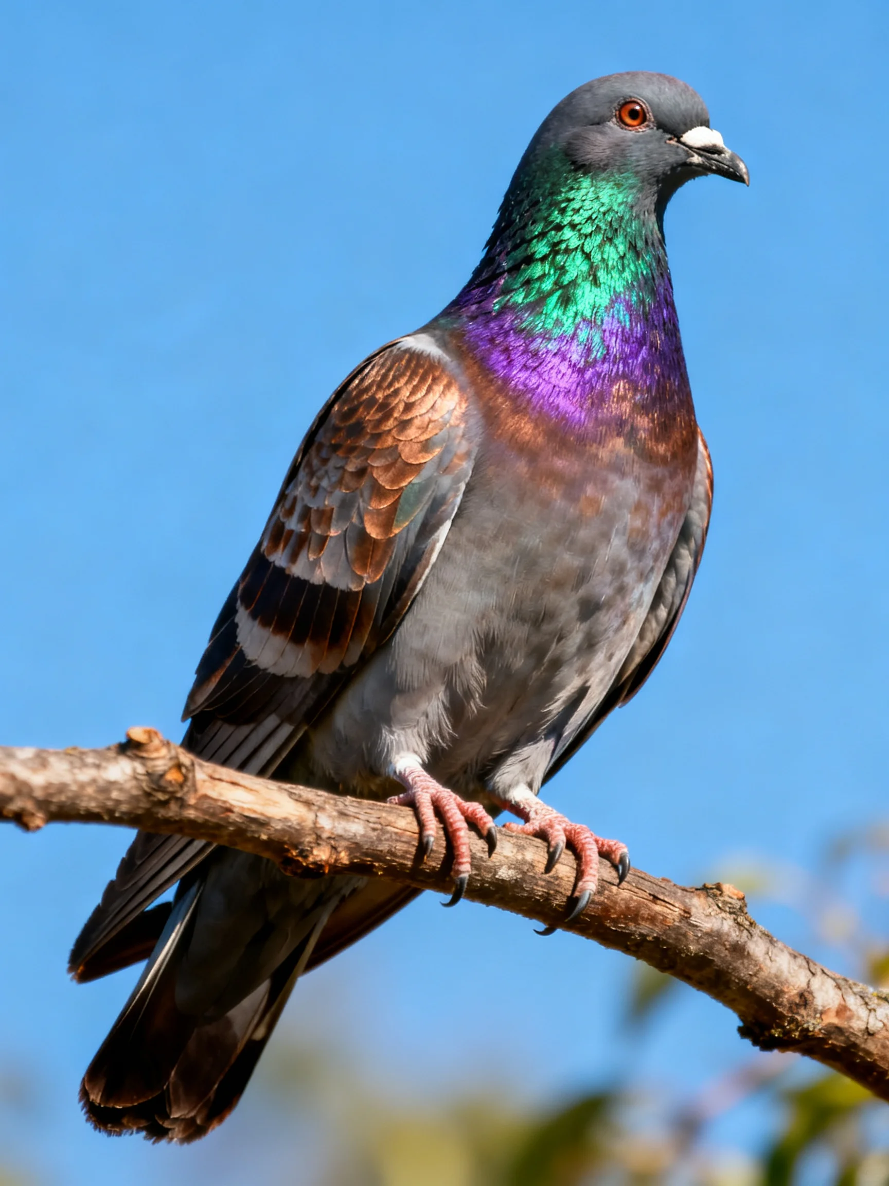A colorful pigeon with iridescent plumage perched on a branch