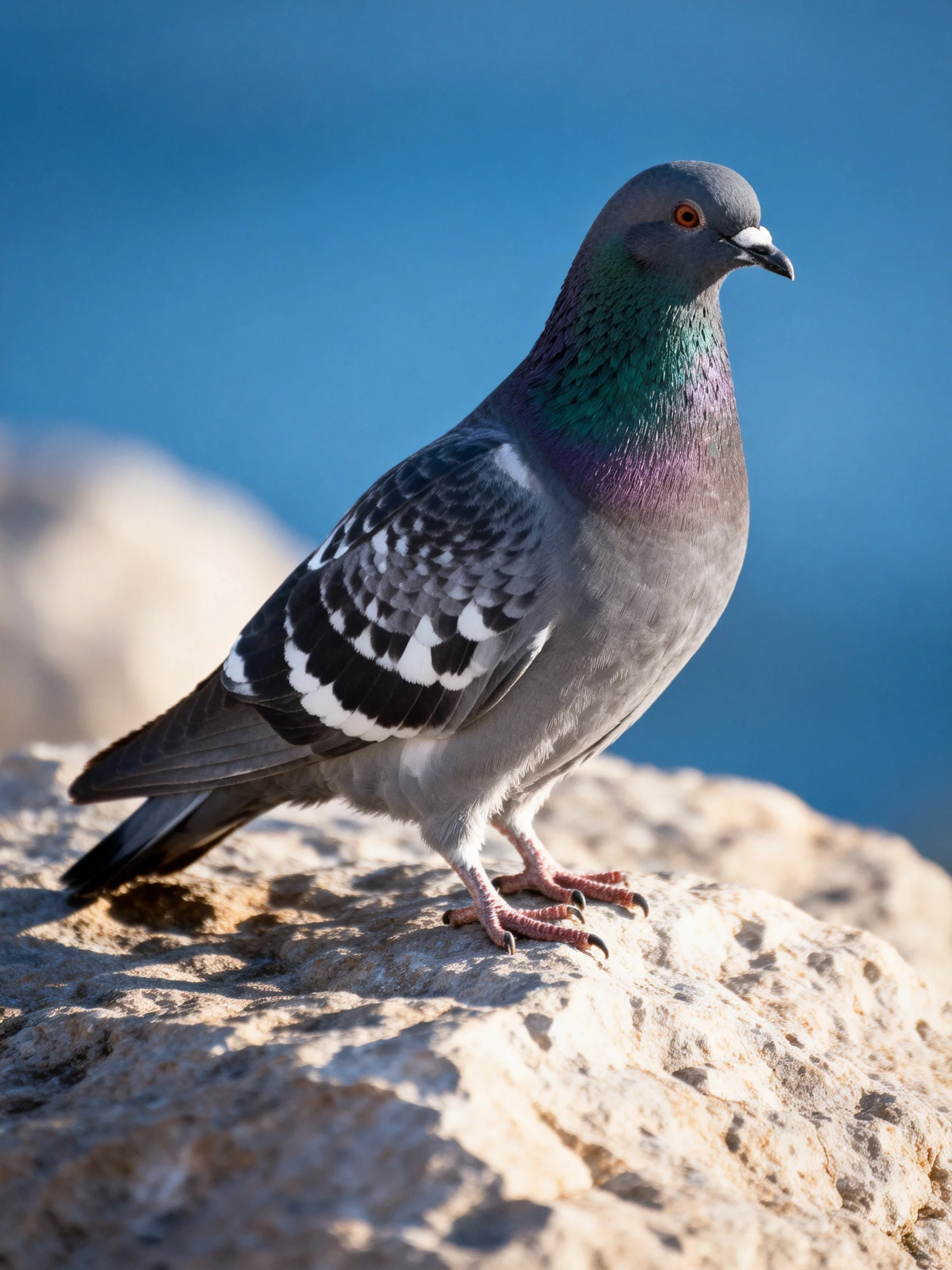 A colorful pigeon with iridescent plumage perched on a rocky surface