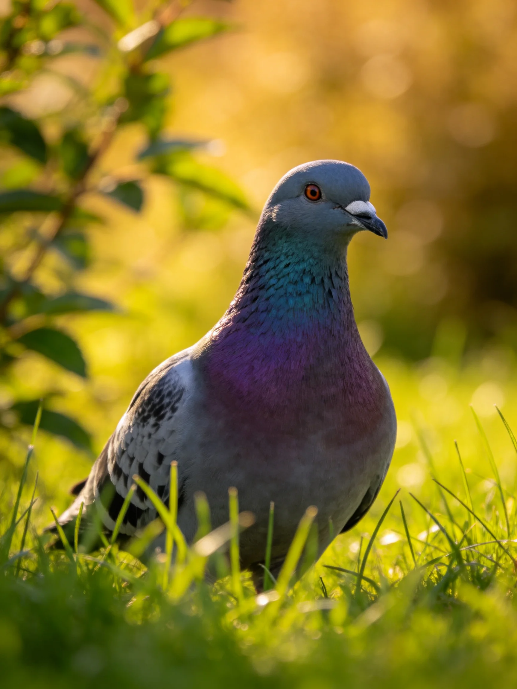 A colorful pigeon stands among lush green grass under warm sunlight.
