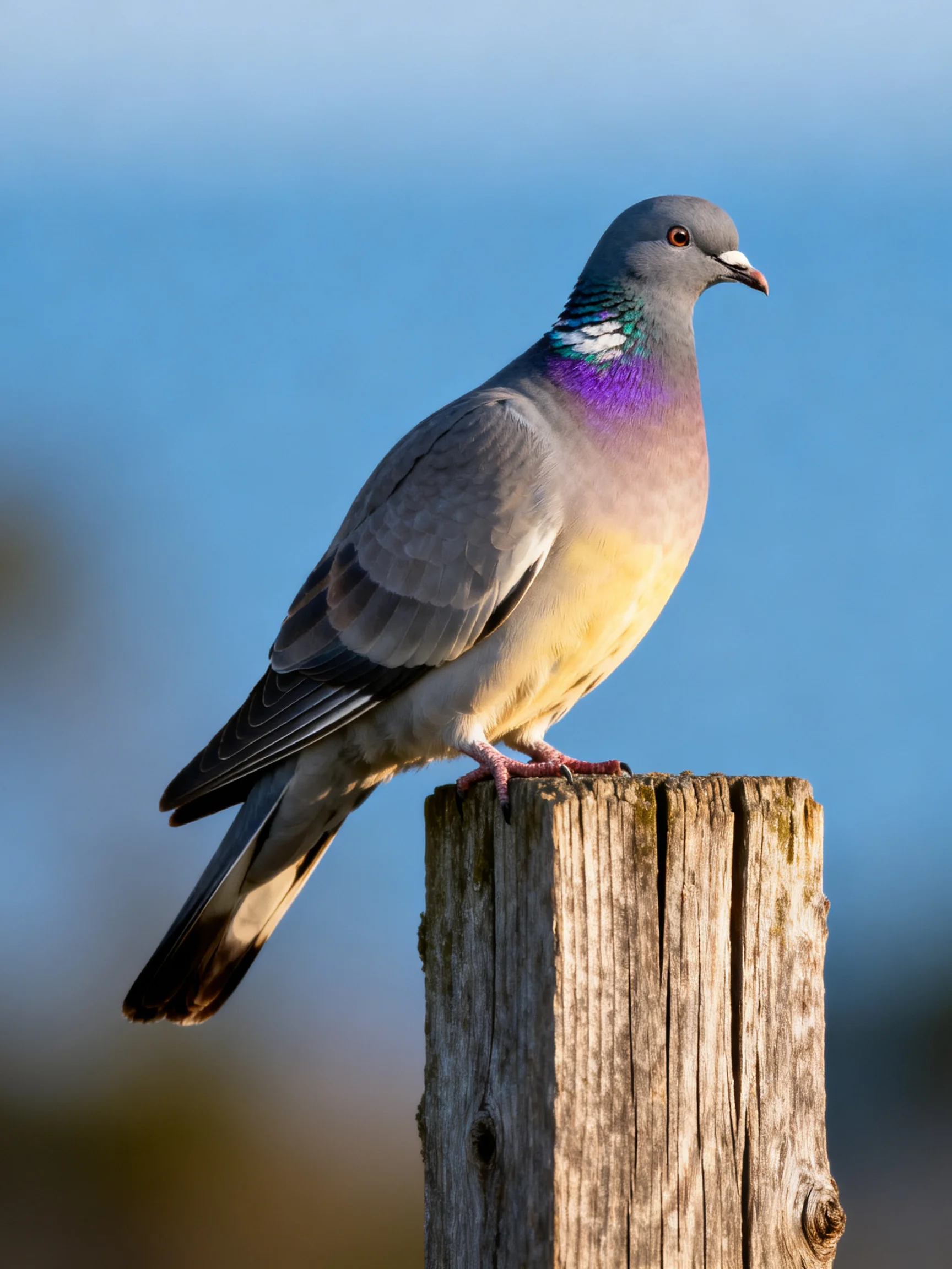A vibrant pigeon with distinct plumage sits atop an aged wooden post.