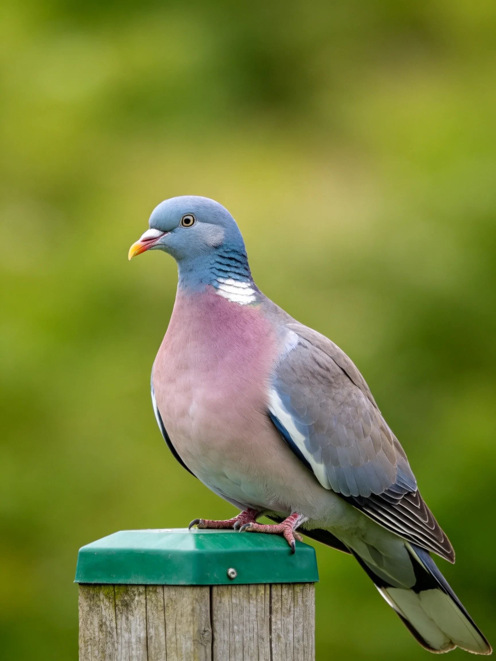 A colorful wood pigeon perched on a green wooden post