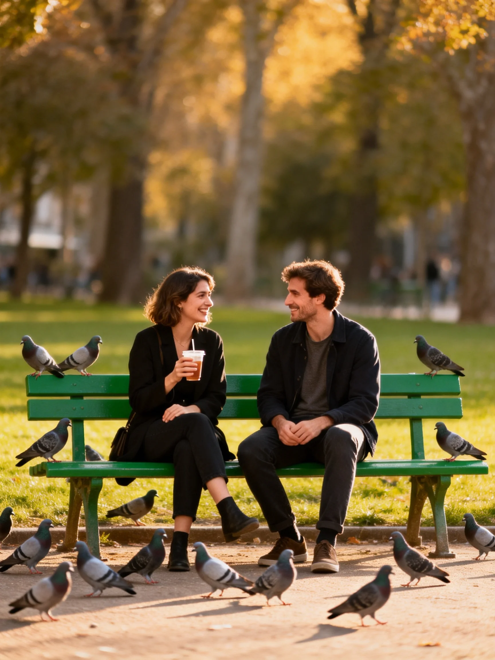 A couple sits on a green bench surrounded by numerous pigeons in a sunlit park.