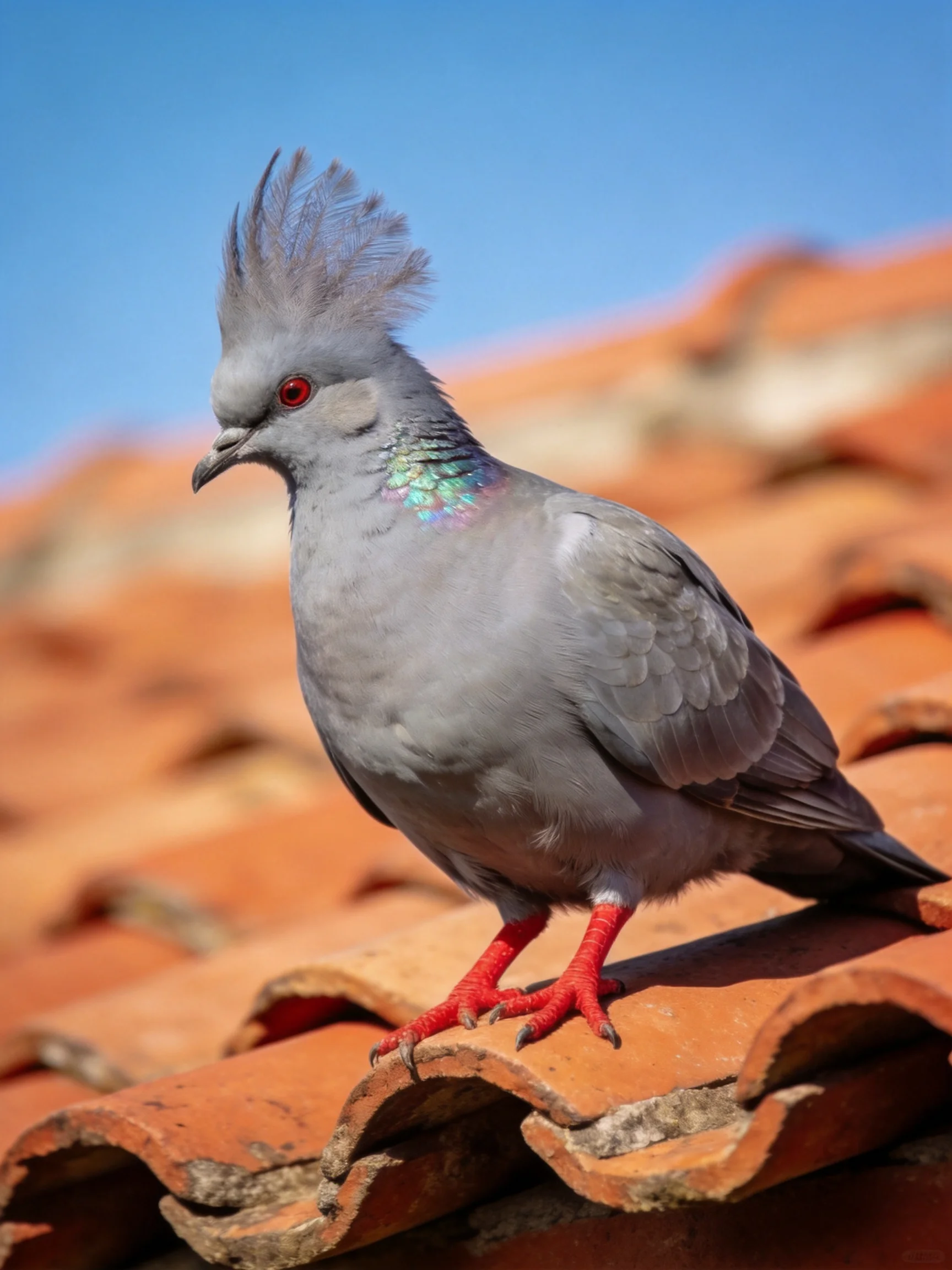 A crested gray pigeon with red legs on terracotta roof tiles