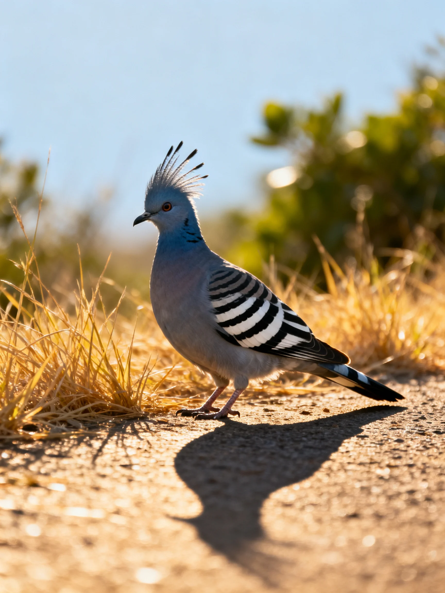 A crested pigeon with black-and-white wings on dry ground