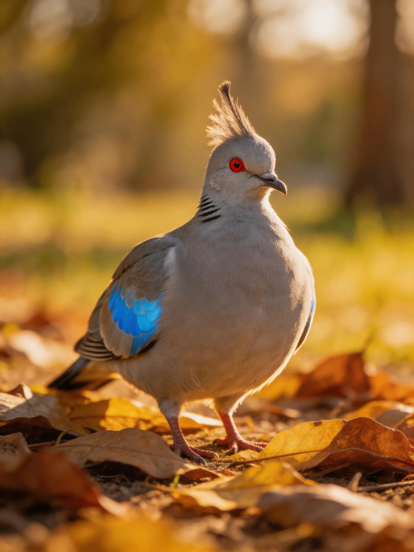 A crested pigeon with blue wing patches on autumn leaves