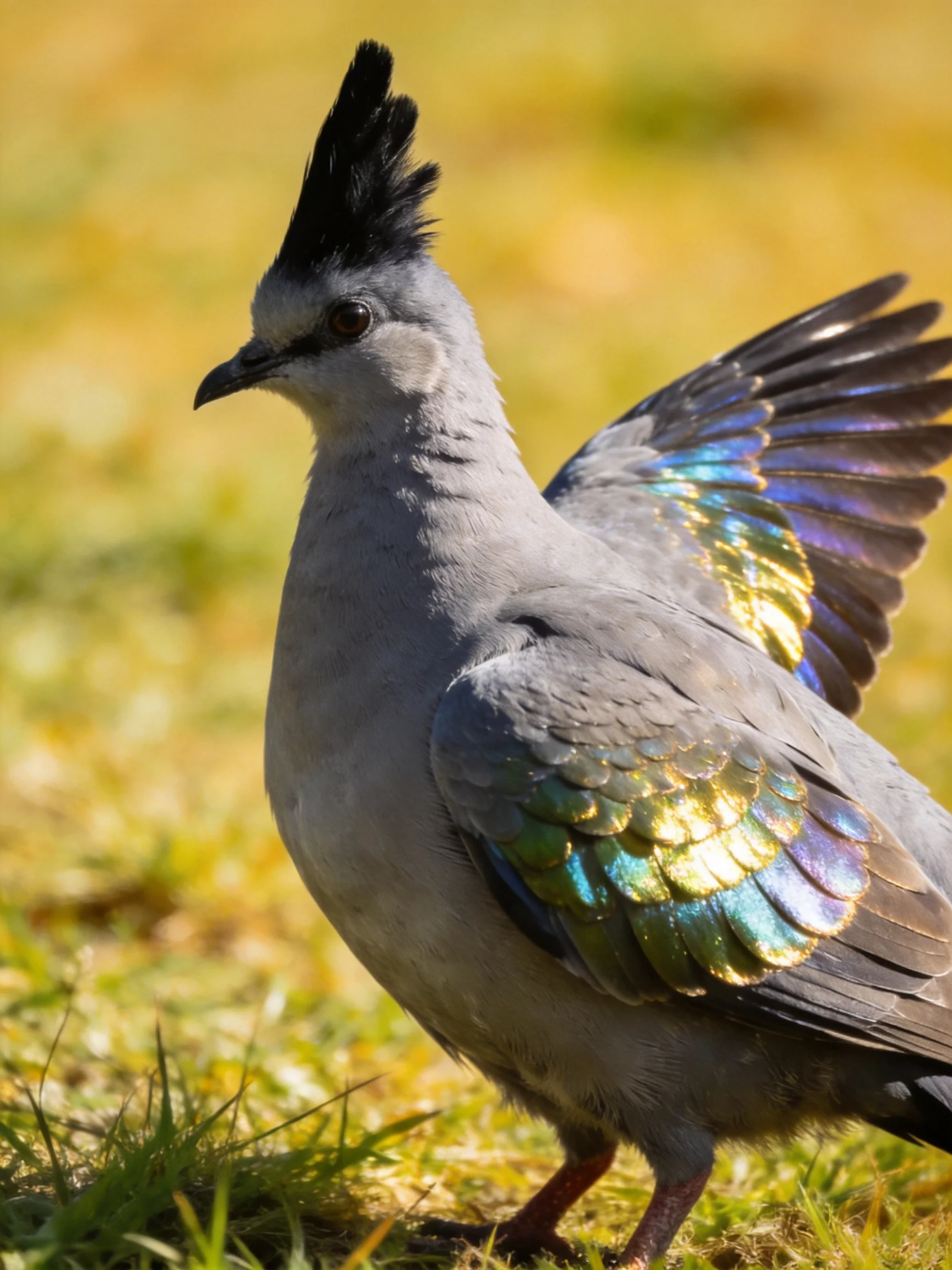 A crested pigeon with iridescent multicolor wings