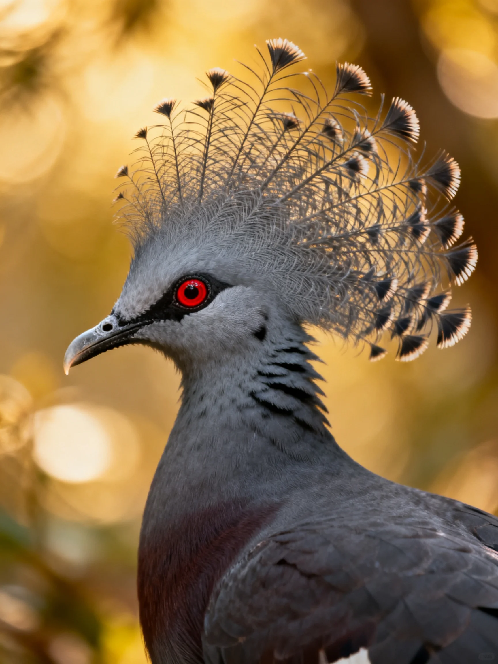 A crested pigeon with vibrant red eye and gray plumage