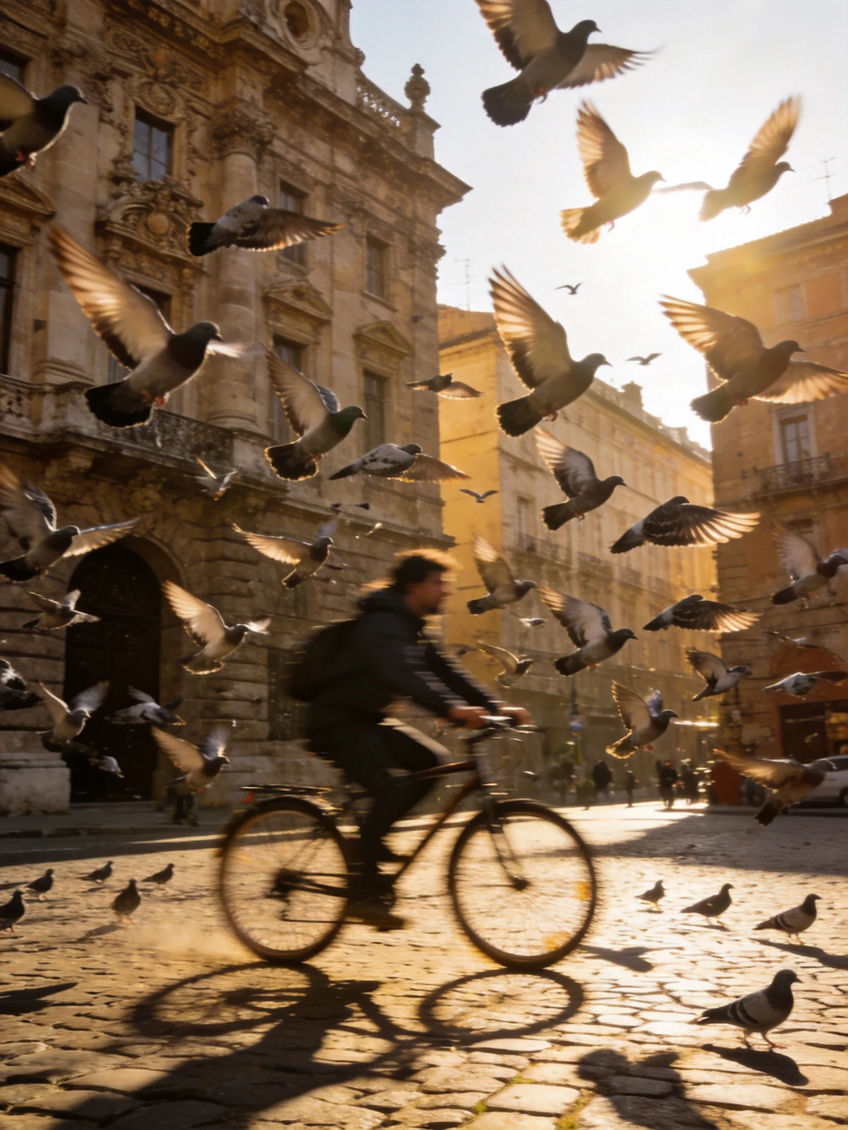 A cyclist rides past dozens of pigeons near ornate stone buildings