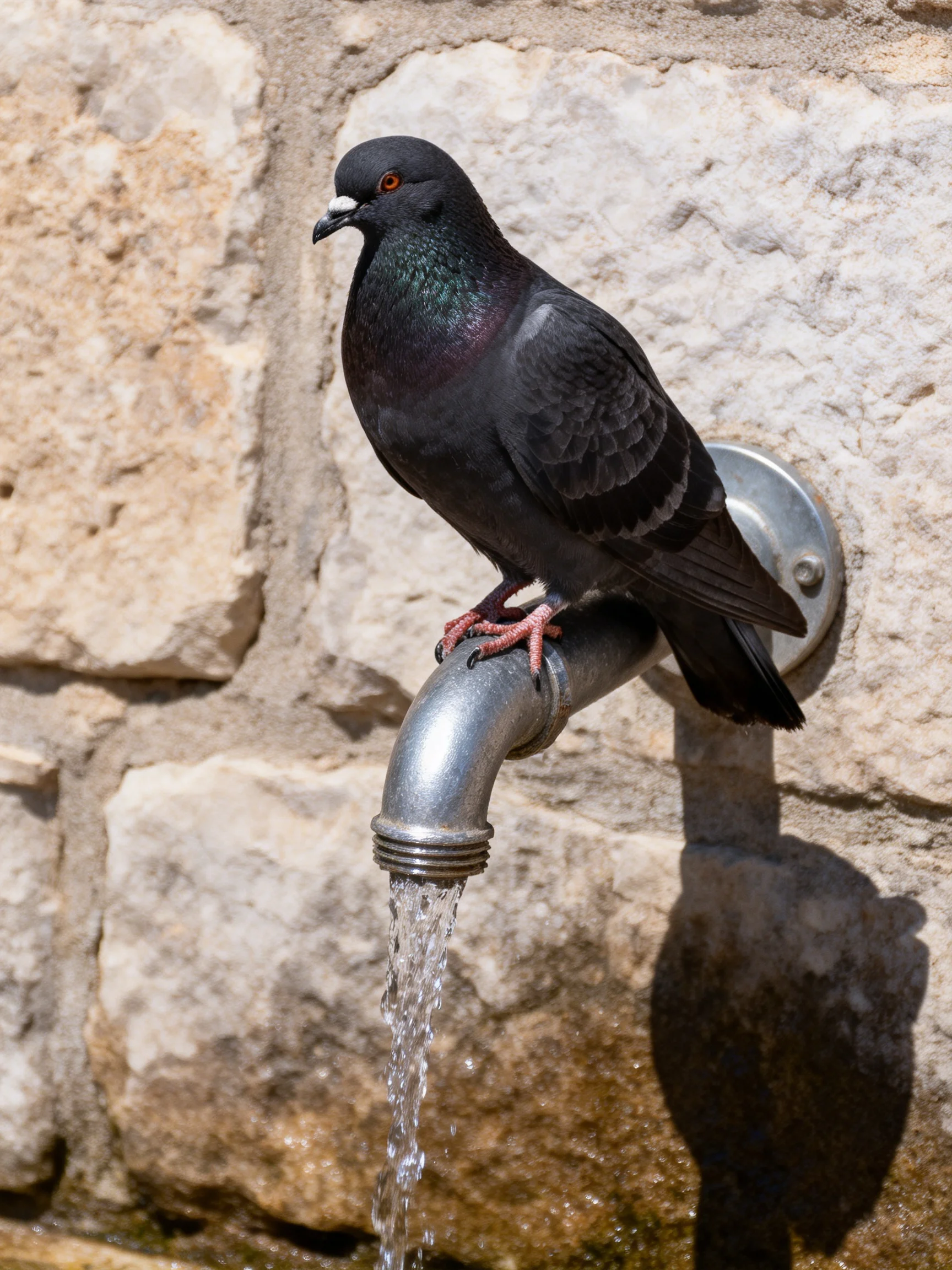 A dark-feathered pigeon perches on a metallic outdoor faucet with running water