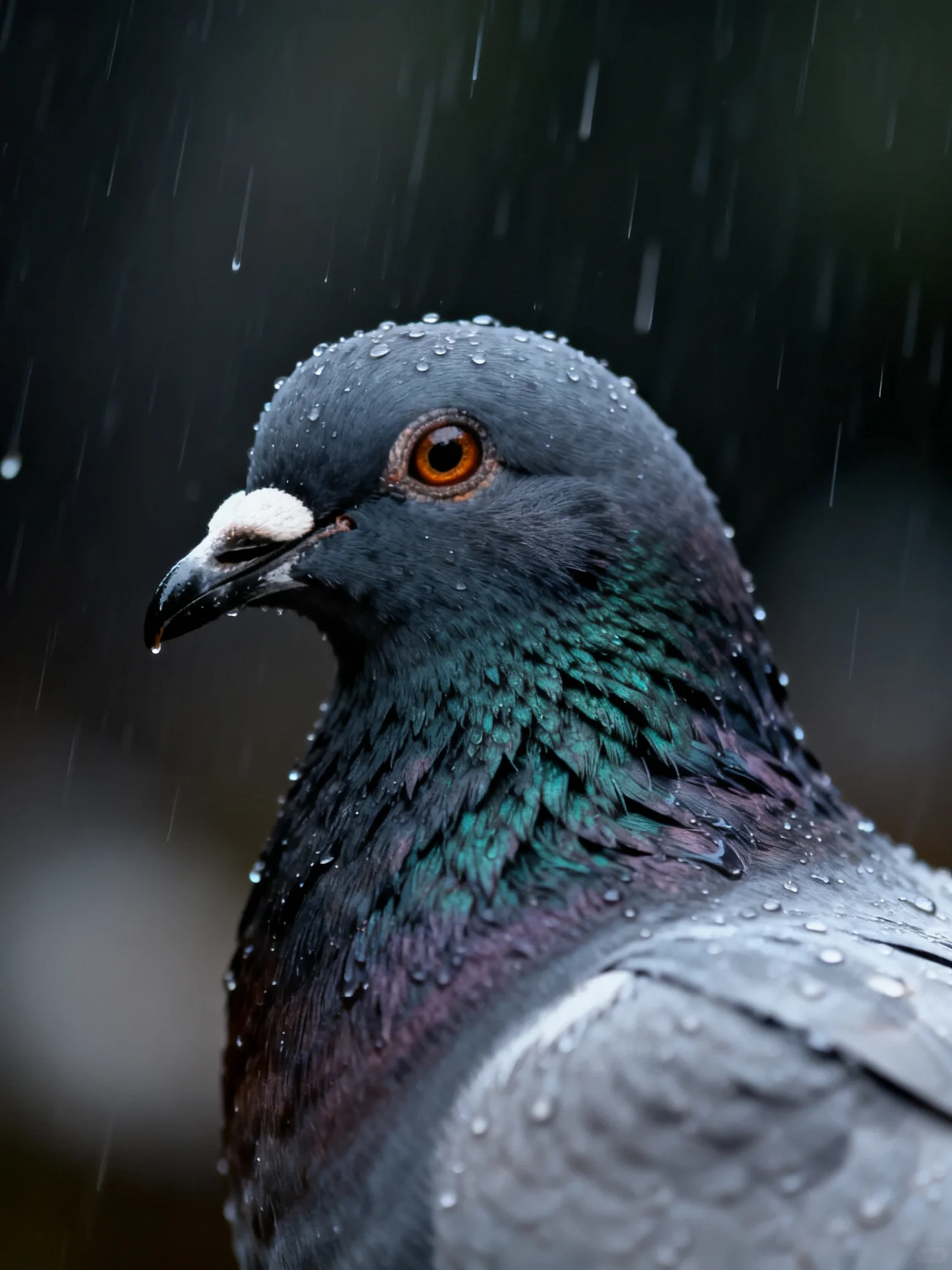 A dark-feathered pigeon with iridescent teal neck amid falling rain