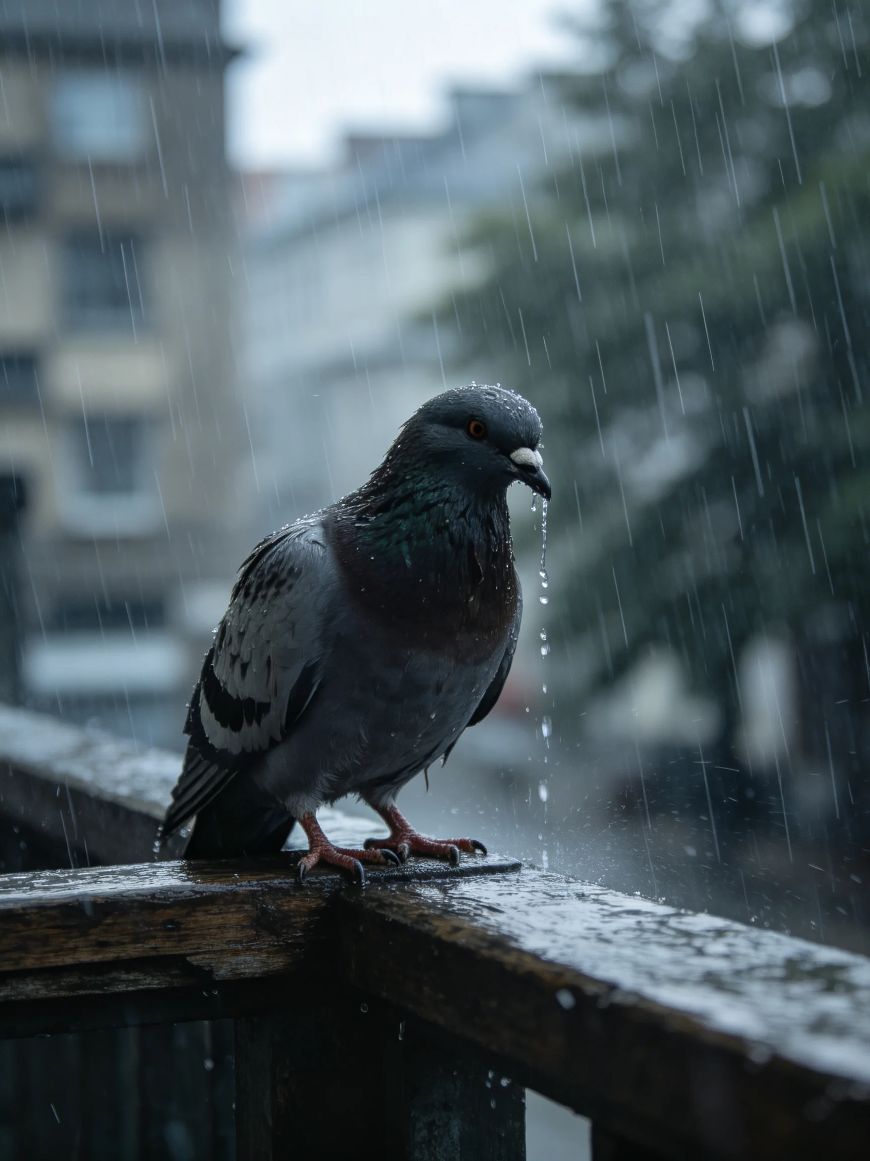 A pigeon perches on a wet railing during a stormy downpour.