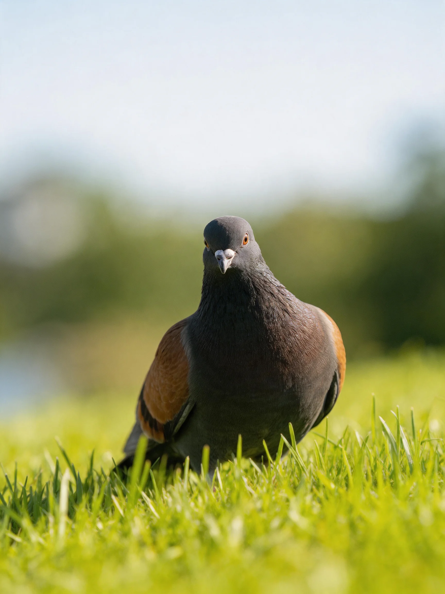 A dark gray pigeon stands on lush green grass in a outdoor setting.
