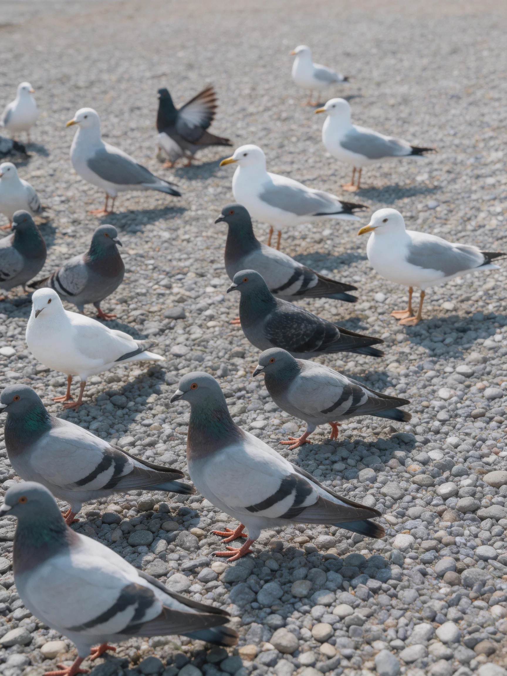 A diverse flock of pigeons and seagulls on a pebbly surface