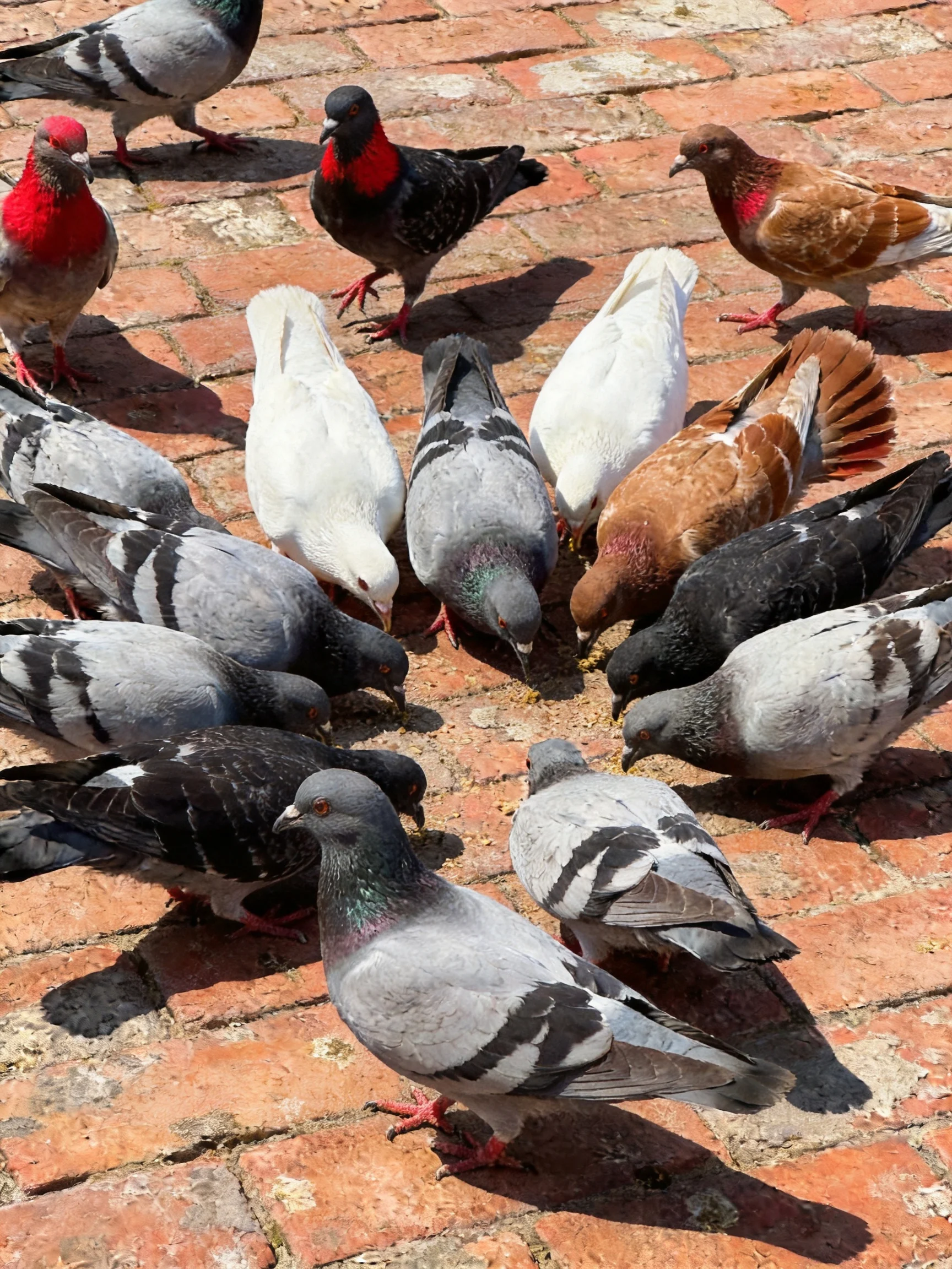 A diverse flock of pigeons in assorted colors on a brick pavement