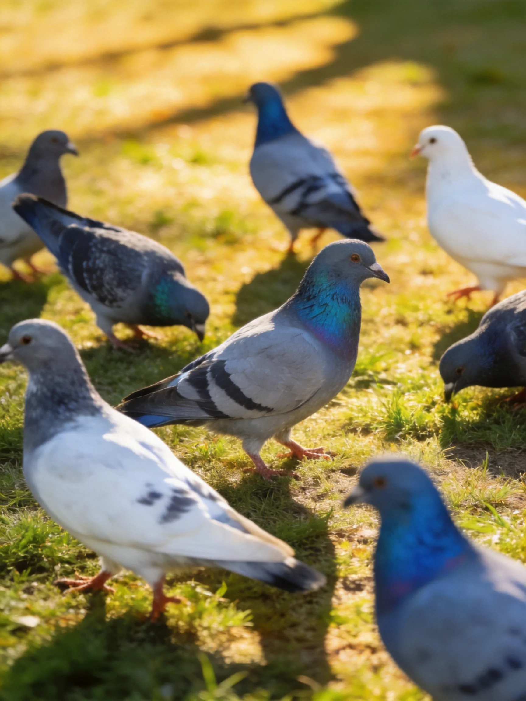 A diverse flock of pigeons in varied colors on sunlit grass