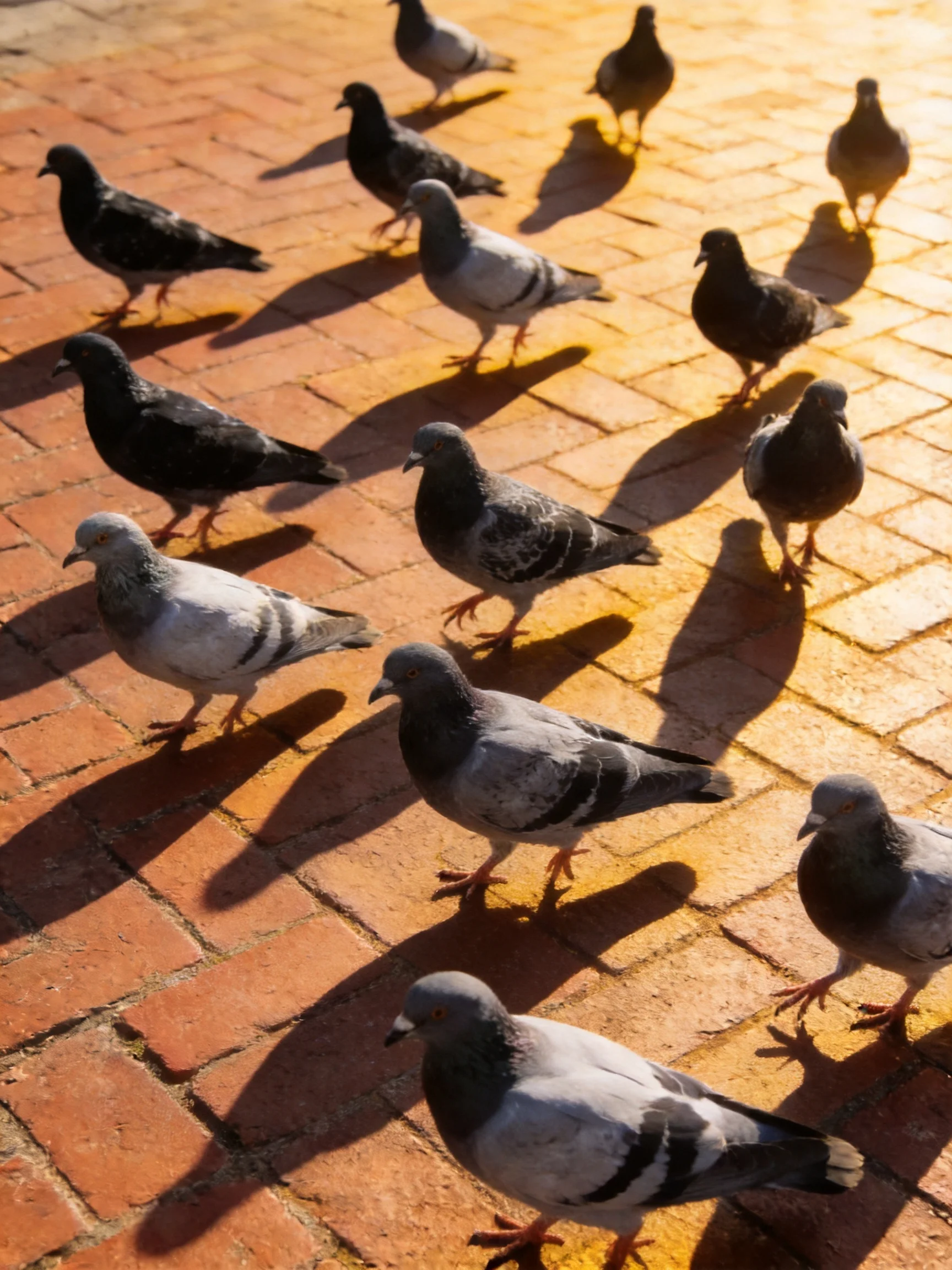 A diverse flock of pigeons walks along a sunlit brick pavement