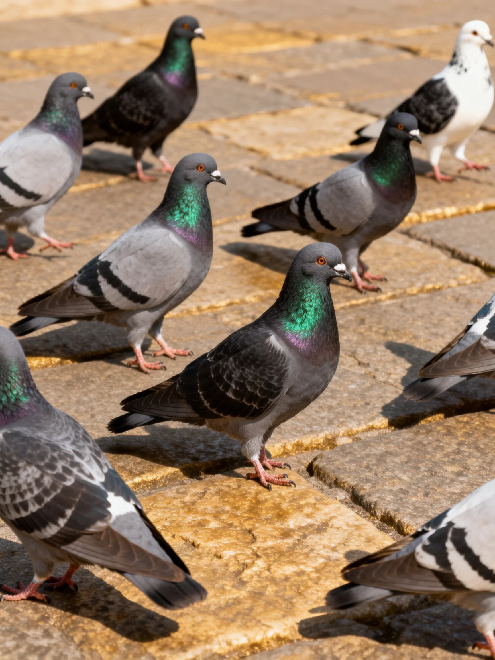 A diverse flock of pigeons with iridescent feathers on stone pavement