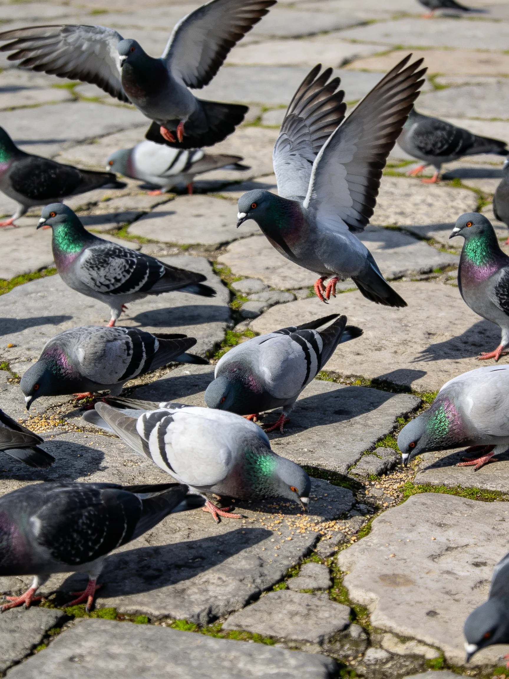 A diverse flock of pigeons with iridescent feathers on weathered stone pavement