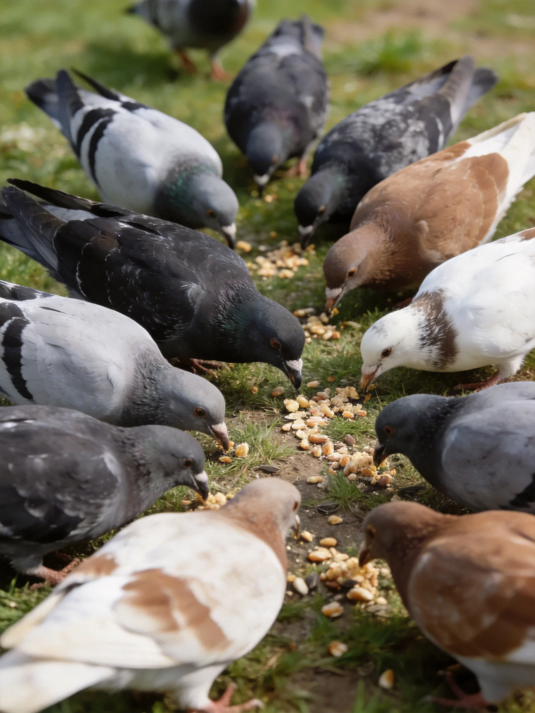 A diverse flock of pigeons with varied plumage feeds on seeds on grassy terrain