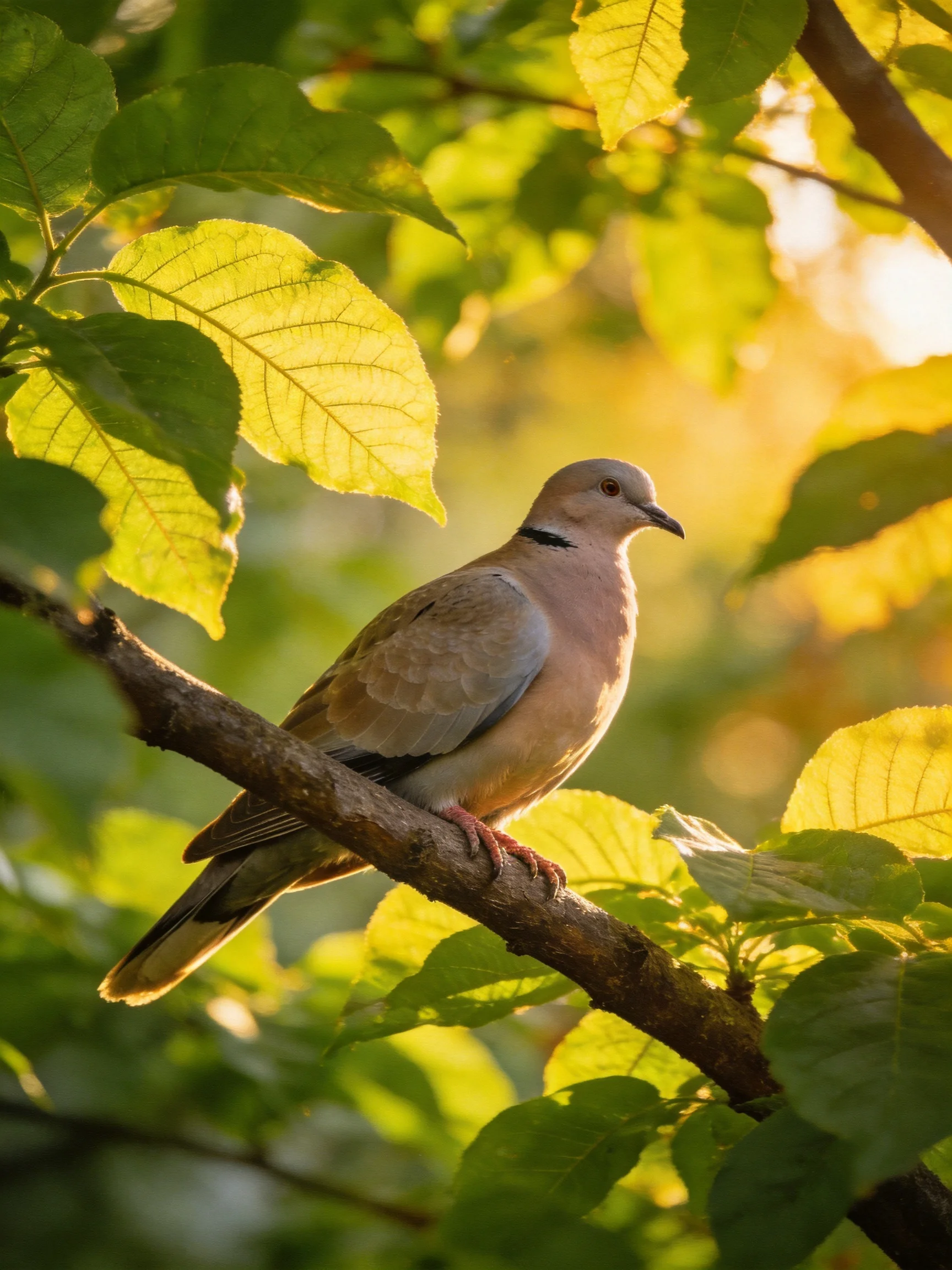 A dove perched on a branch amid golden-hued foliage