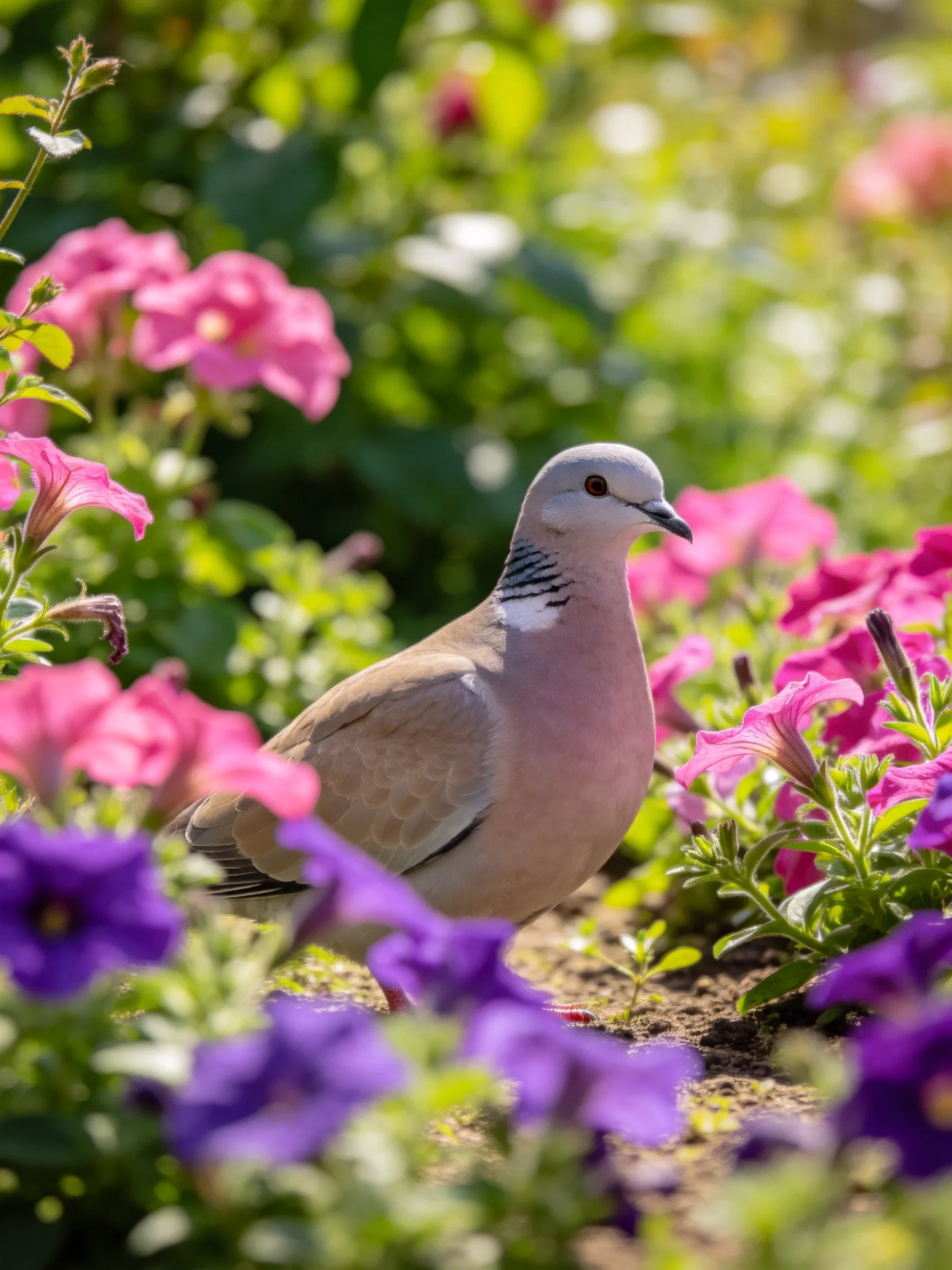 A dove surrounded by vibrant pink and purple flowers in a sunlit garden