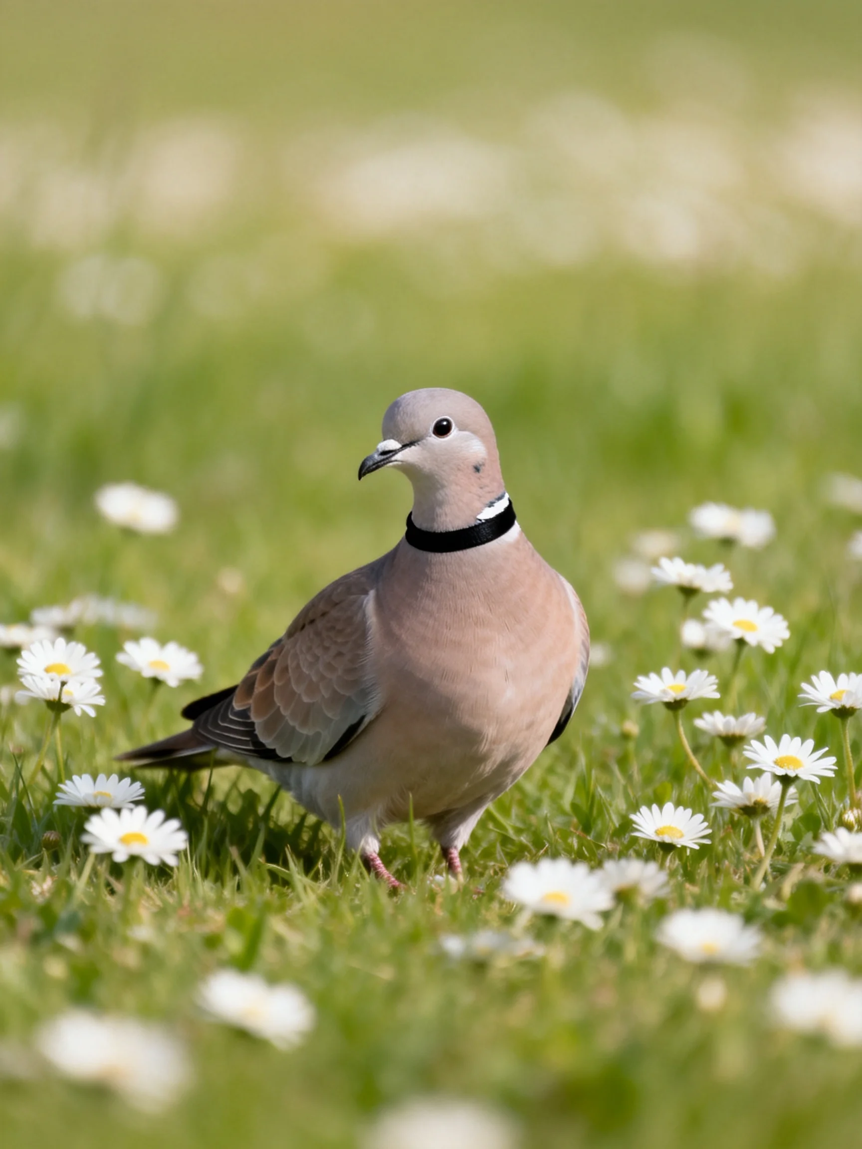 A dove with a black neck band amid white daisies on green grass