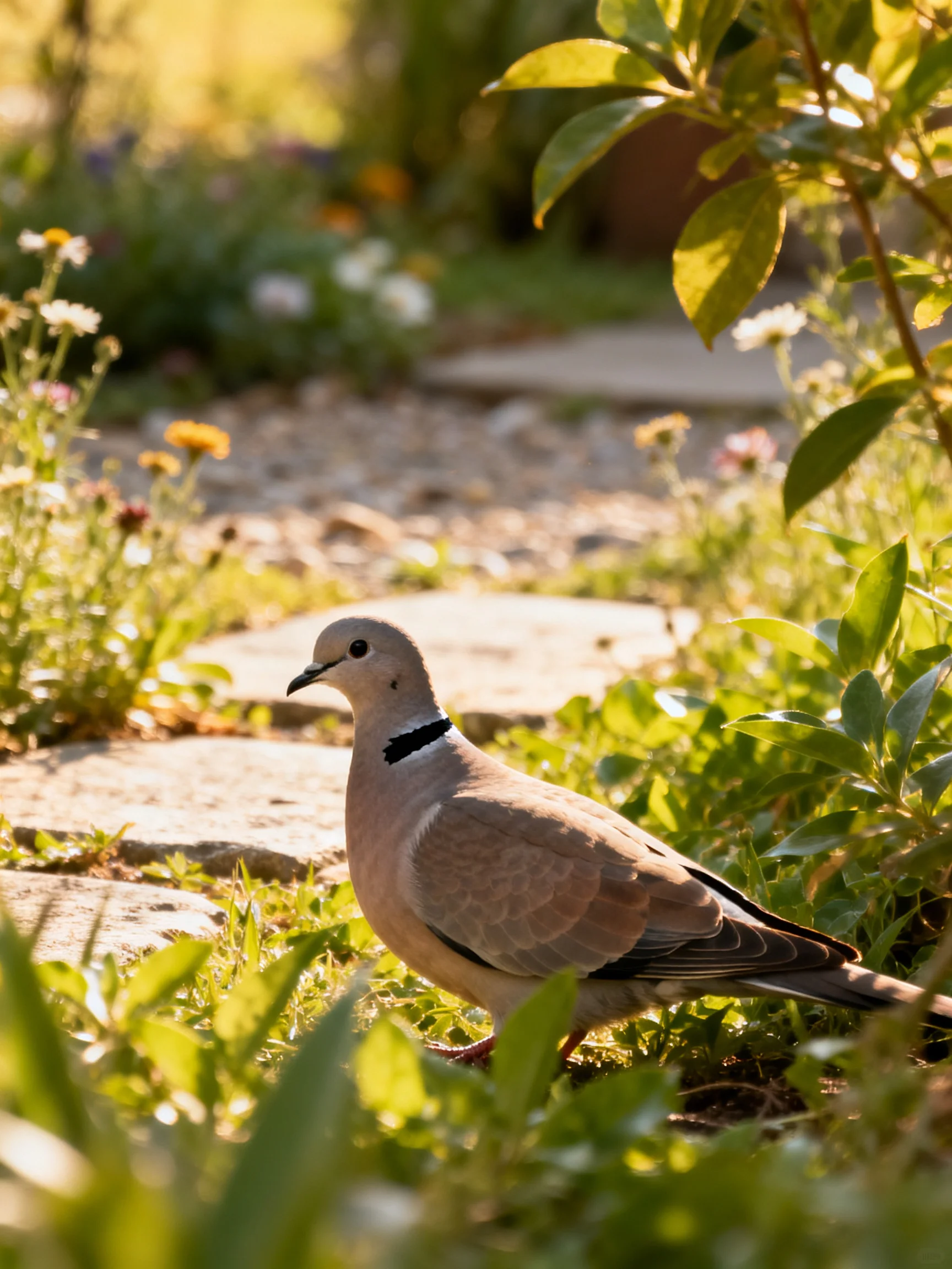 A dove with black neck stripe amid lush greenery and stone pathway
