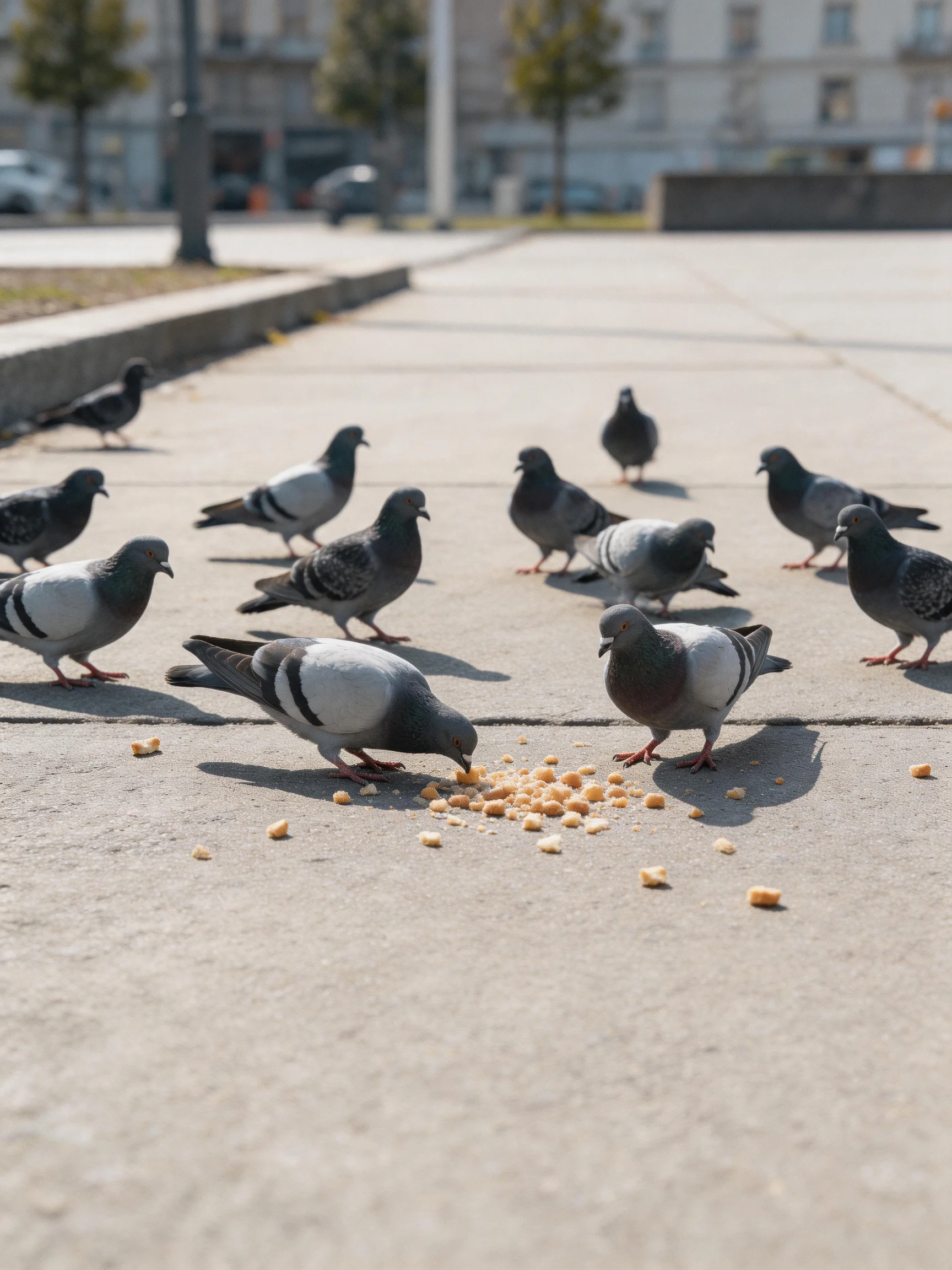 A dozen pigeons gather around scattered crumbs in an urban plaza