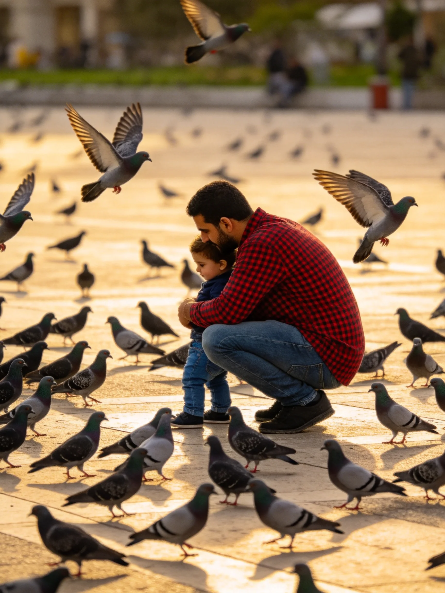 A father and child among many pigeons in a sunlit plaza