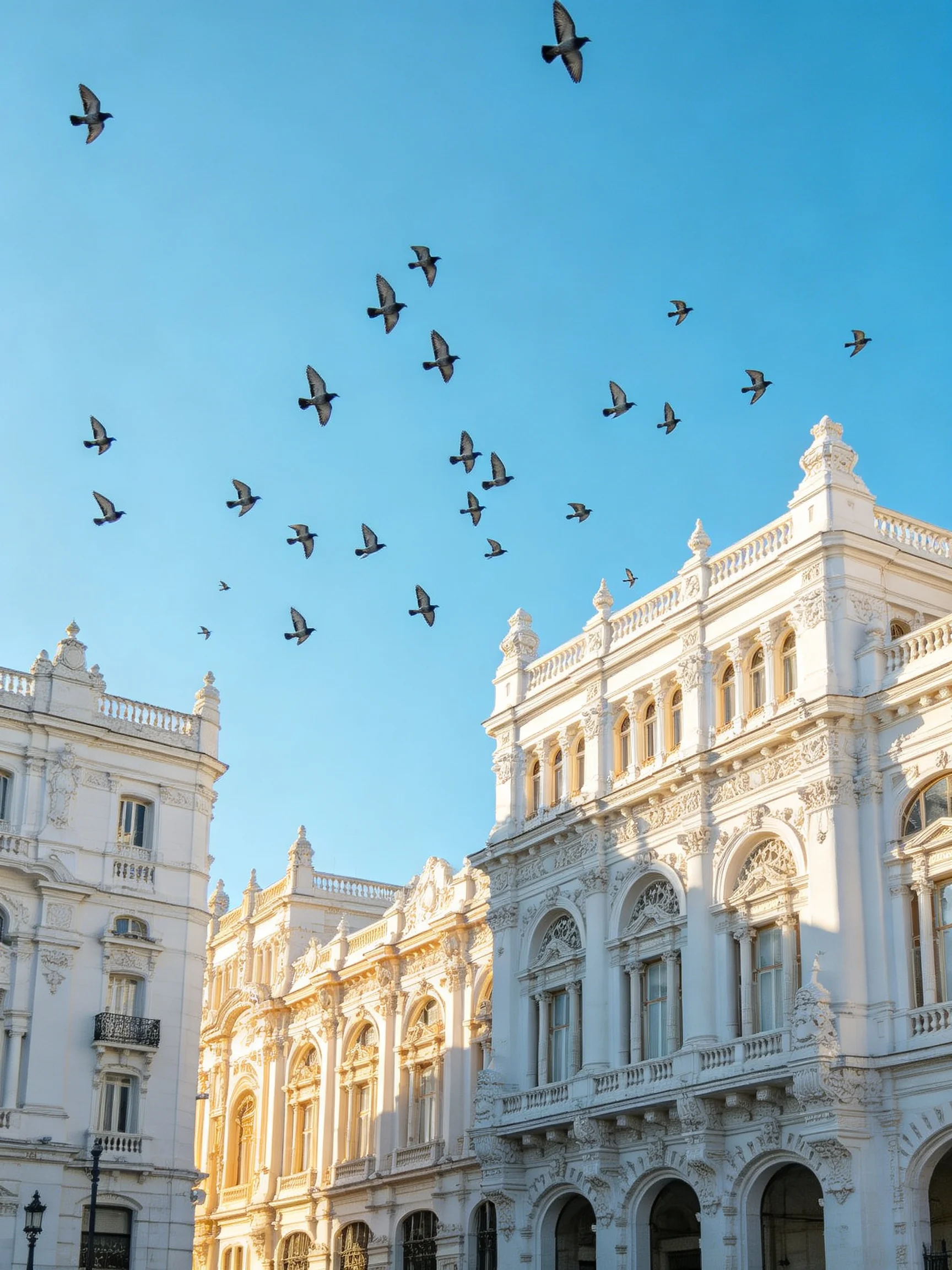 A flock of birds soars over ornate white historic buildings under clear blue sky