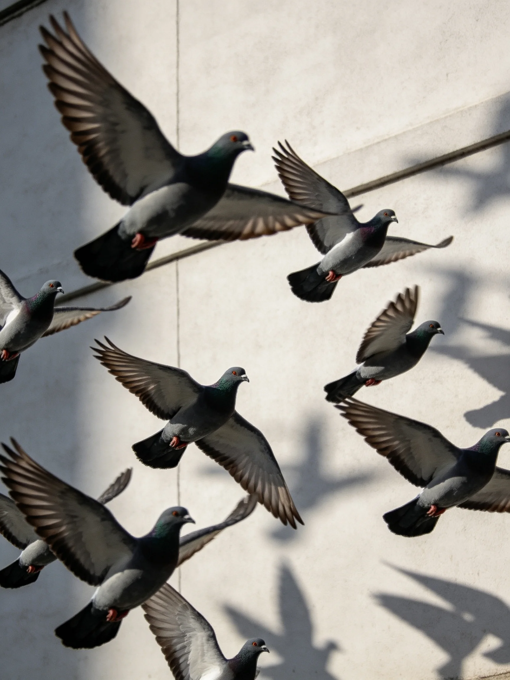 A flock of dark gray pigeons soaring near a light-colored wall