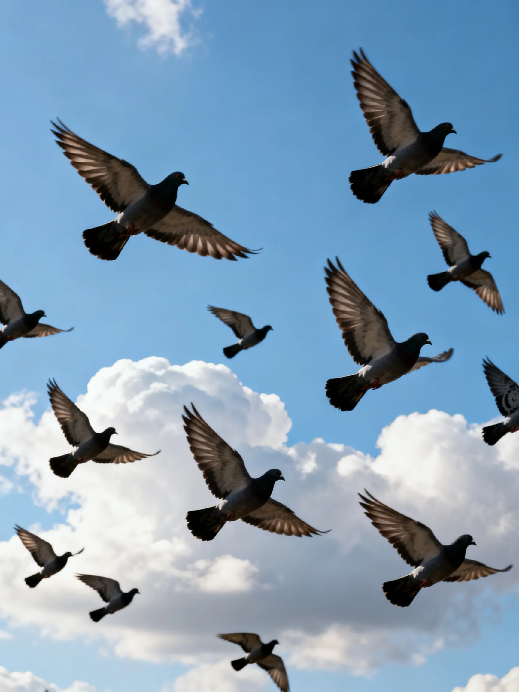 A flock of dark pigeons flies through bright blue skies with clouds