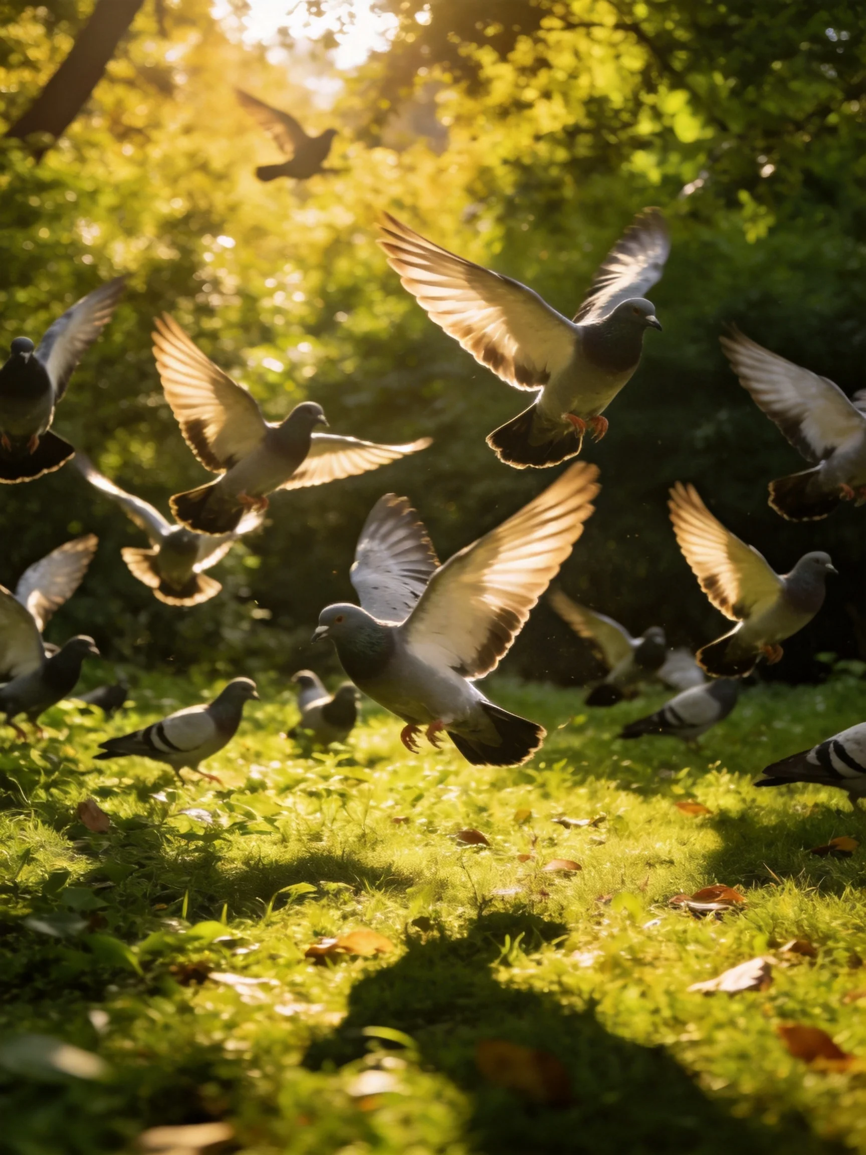 A flock of gray and white pigeons flies over sunlit green grass among trees