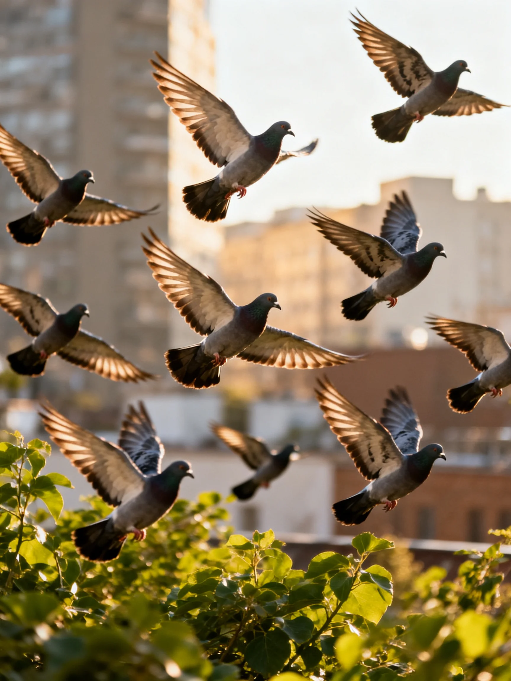A flock of gray-brown pigeons flies over lush greenery near city buildings