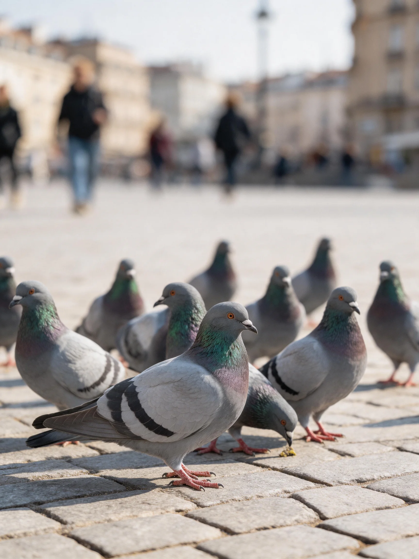 A flock of gray-green pigeons on a cobblestone plaza