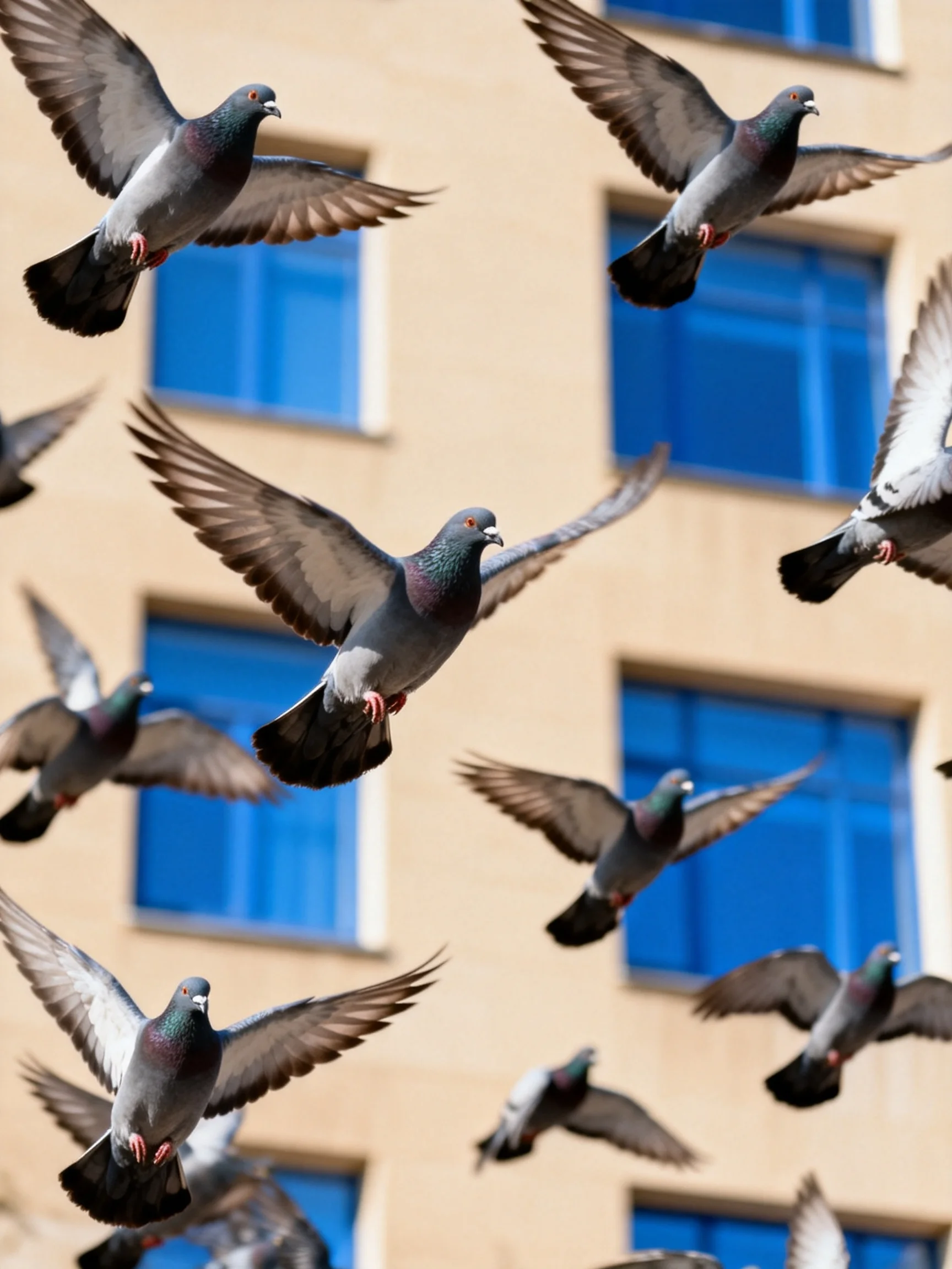 A flock of gray pigeons flies near a beige building with blue windows