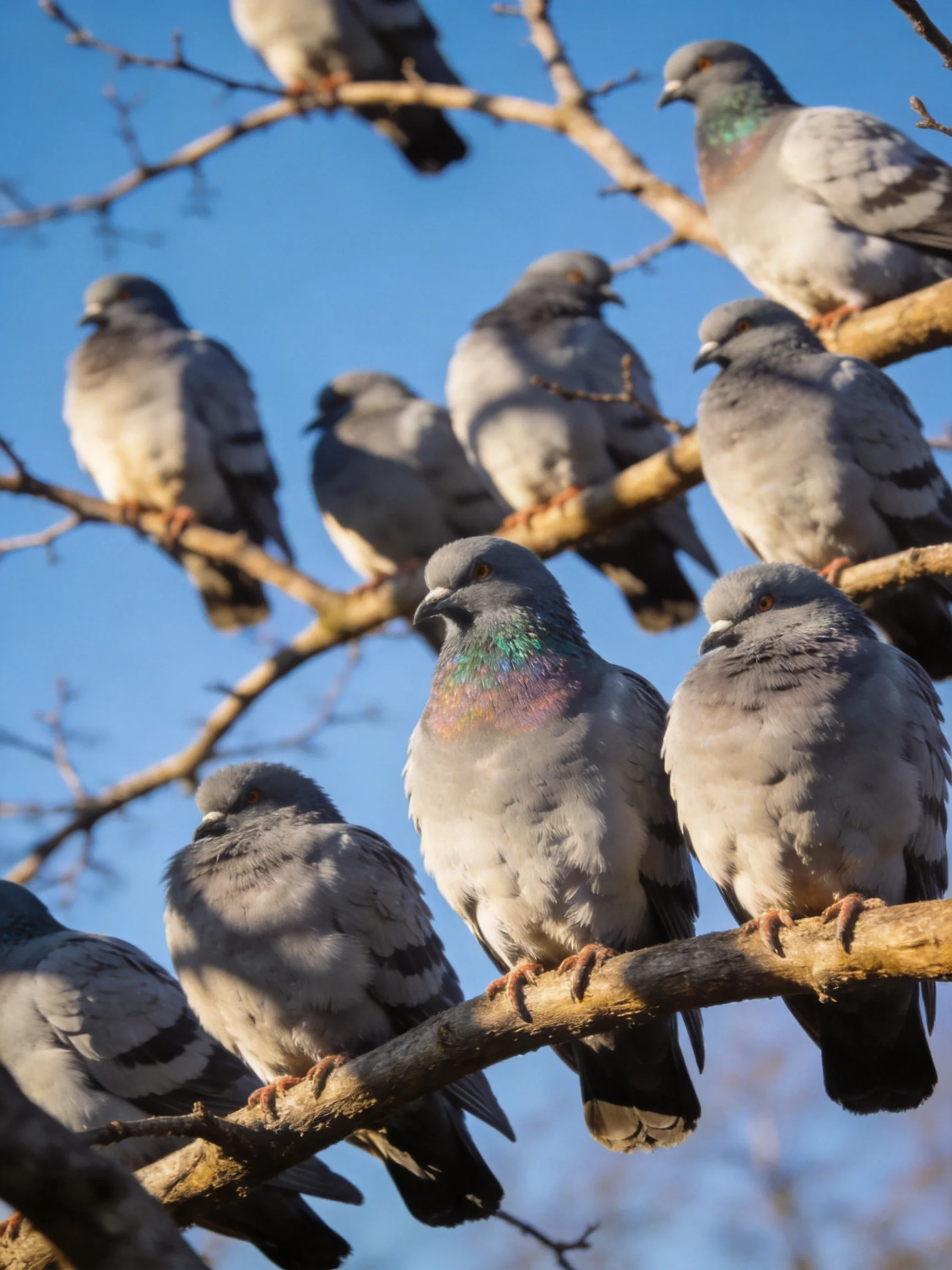 A flock of gray pigeons perches on tree branches under a clear blue sky