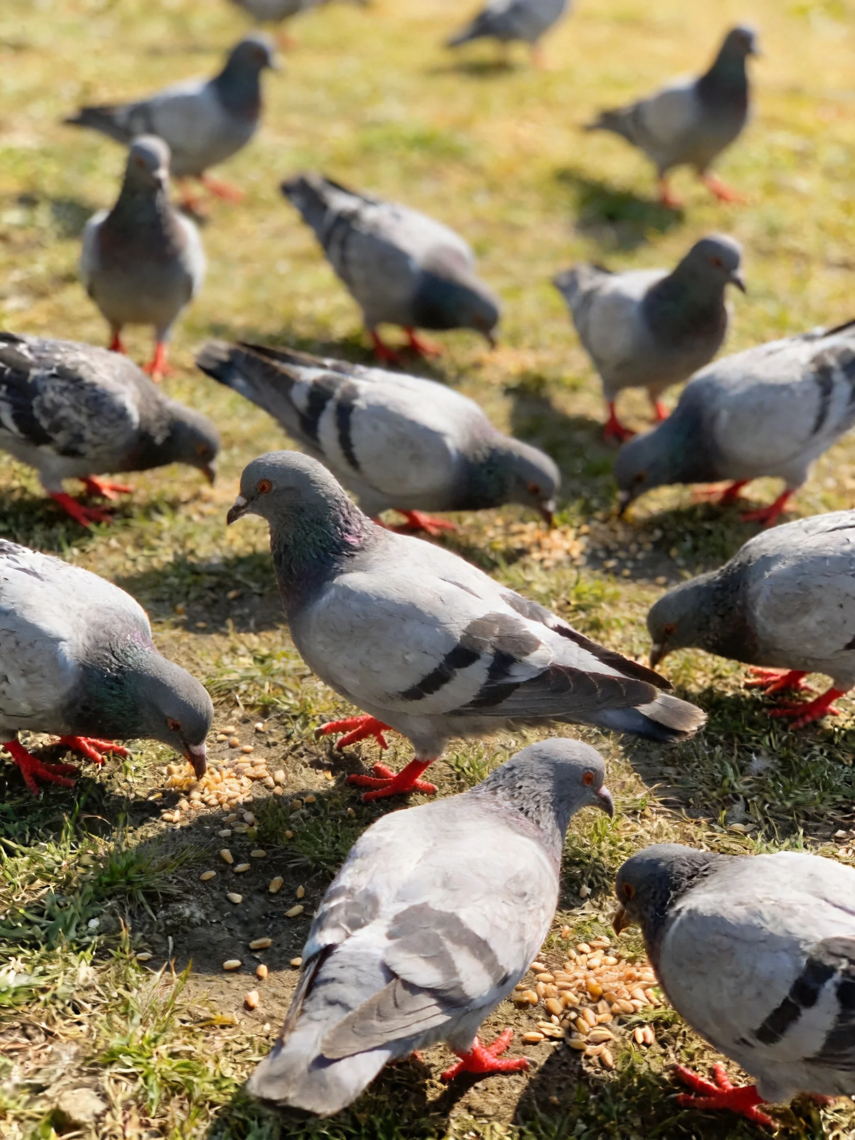 A flock of gray pigeons with red feet feeding on grassy ground