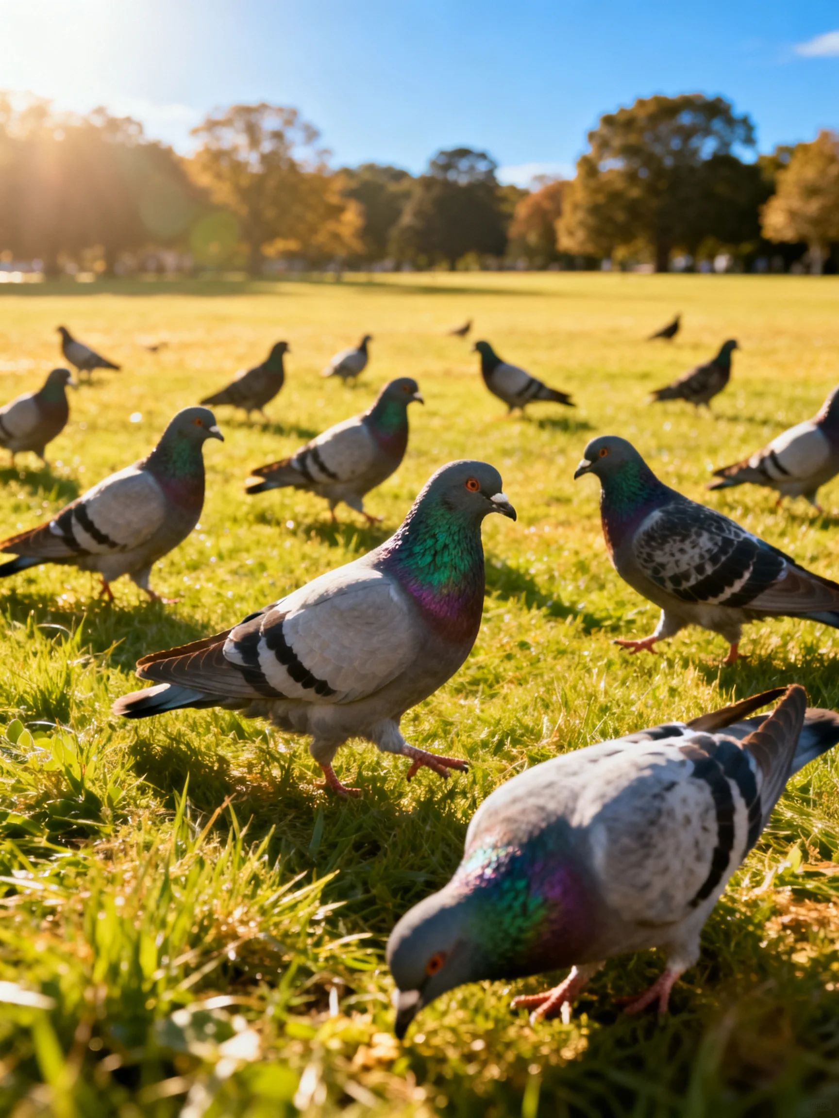 A flock of iridescent pigeons forages on green grass in a sunlit park