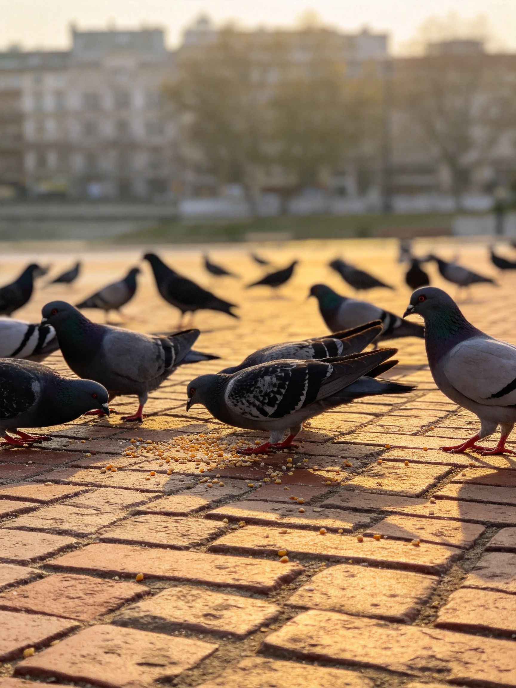 A flock of pigeons feeds on a sunlit brick pavement