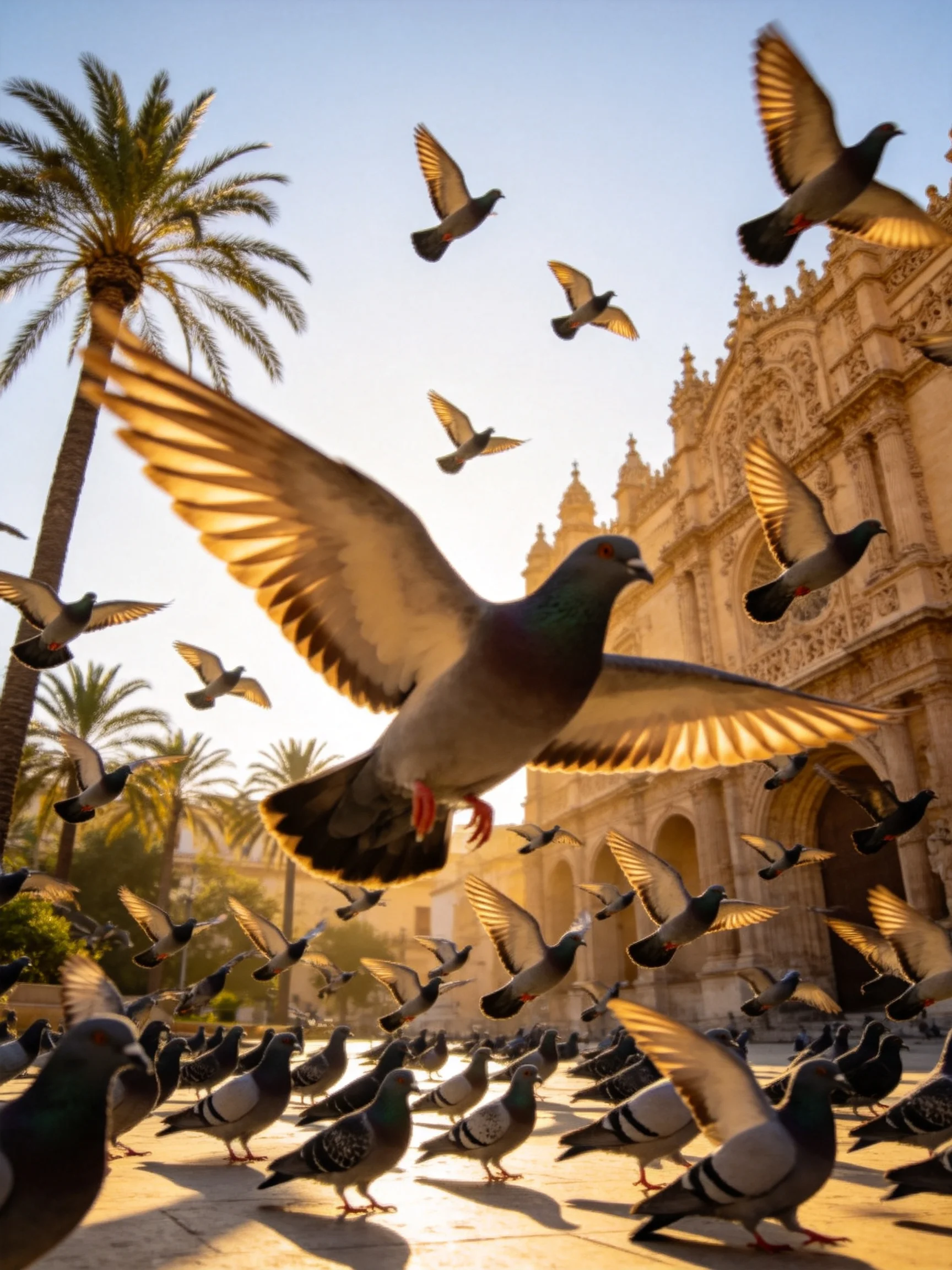 A flock of pigeons flies near an ornate historic building with palm trees