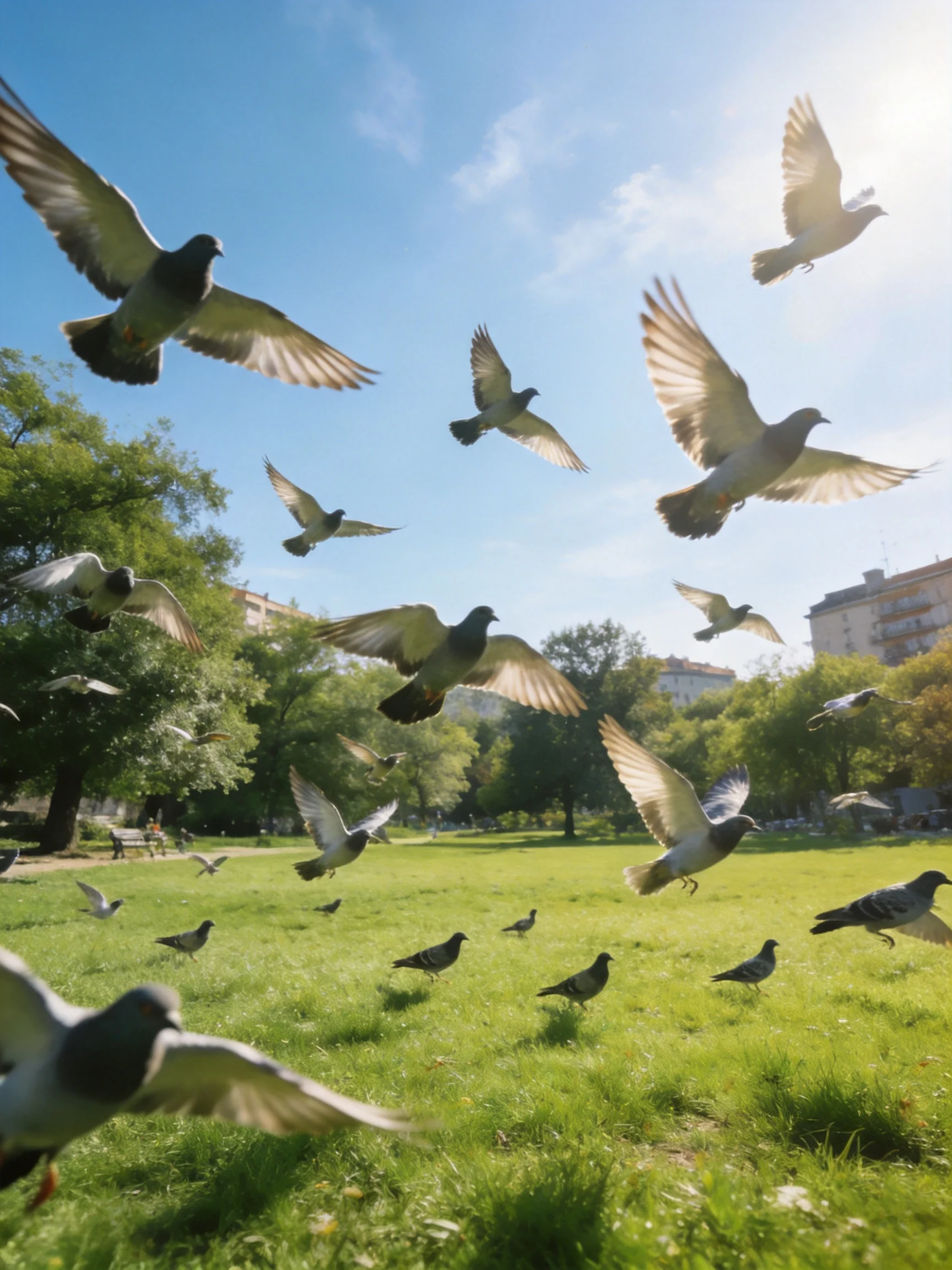 A flock of pigeons flies over a green park with blue skies