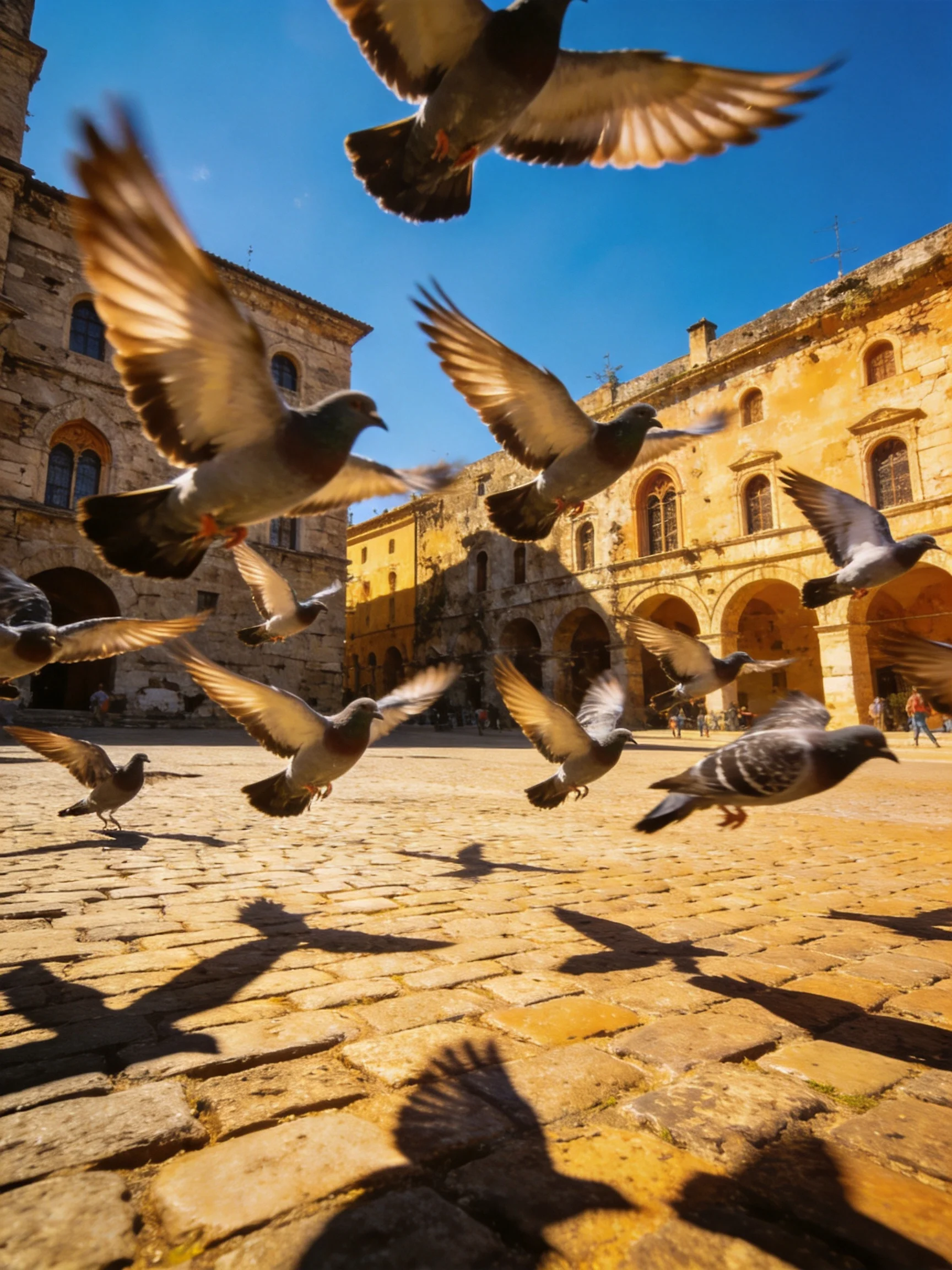 A flock of pigeons flies over a historic cobblestone plaza with aged stone buildings
