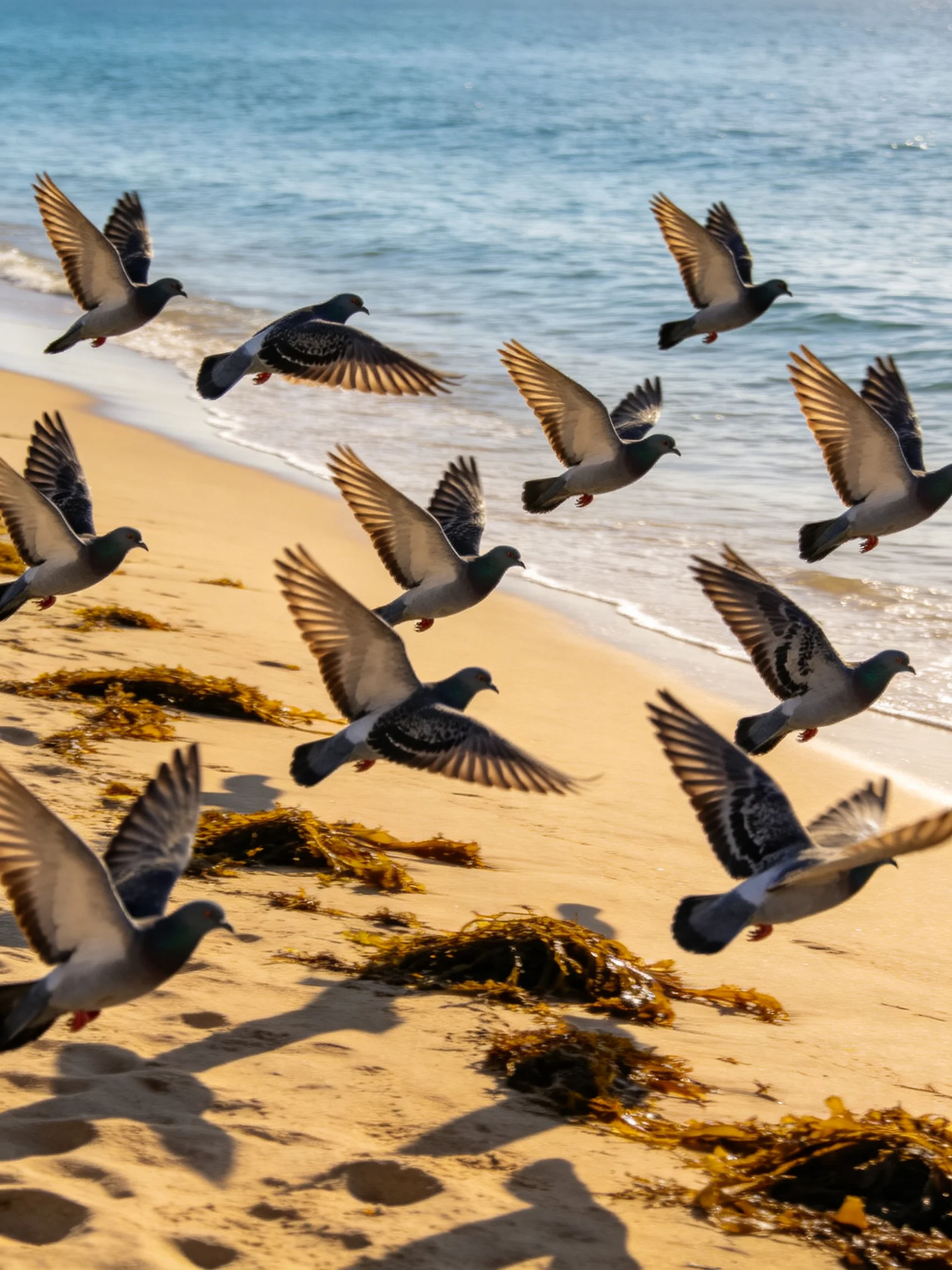 A flock of pigeons flies over a sandy beach with seaweed and ocean
