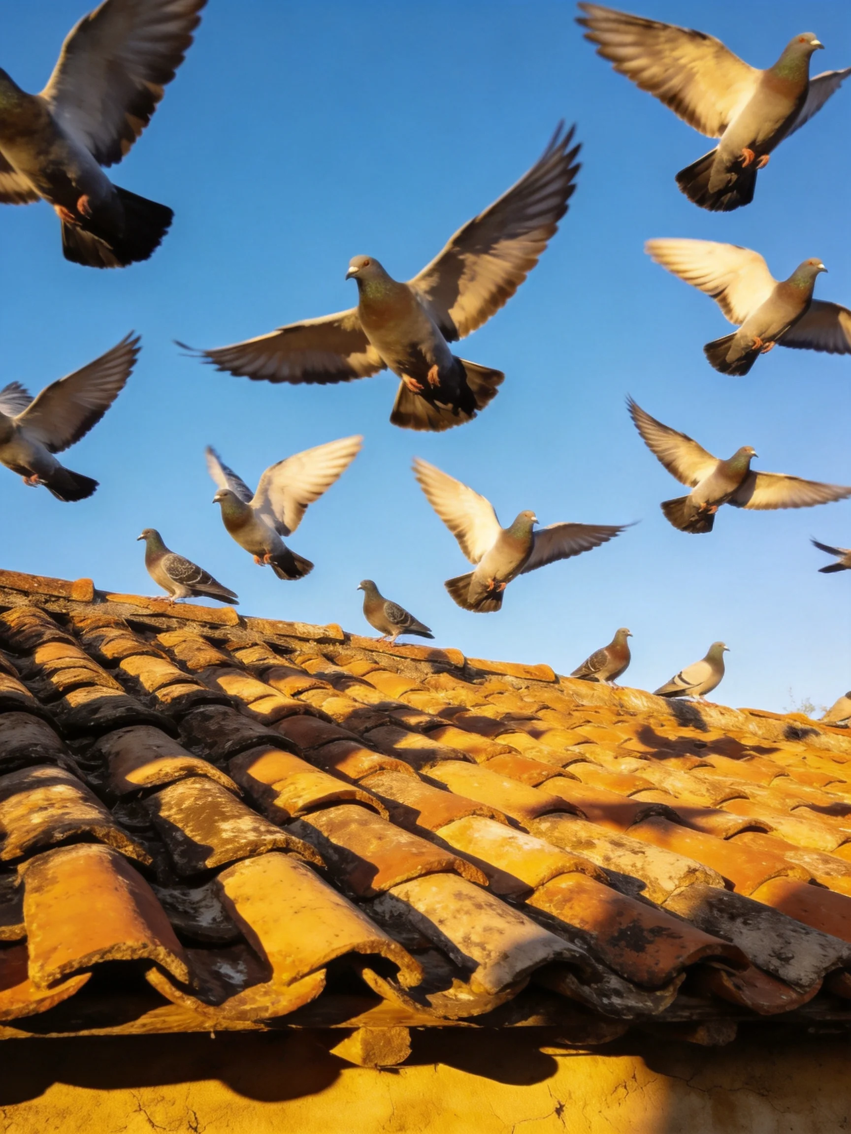 A flock of pigeons flies over aged terracotta roof tiles under bright blue sky